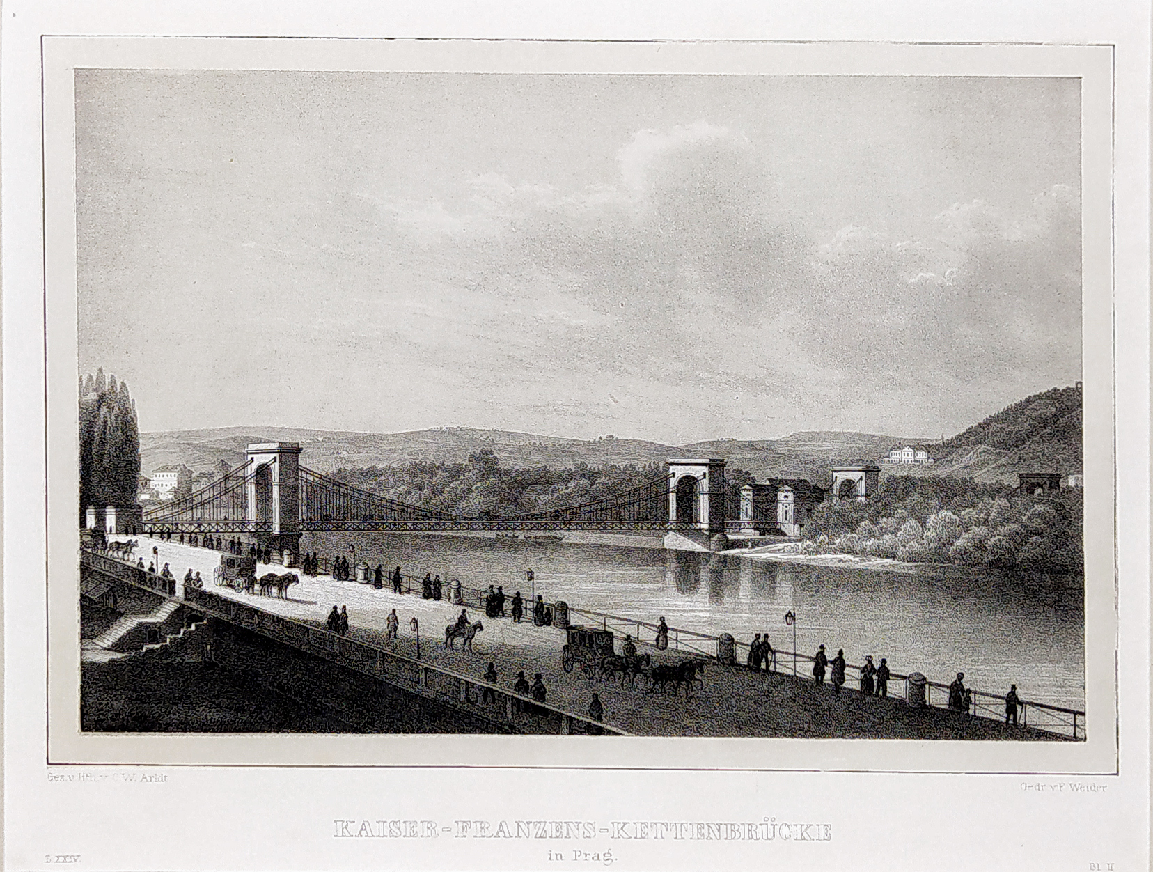 Praha – Řetězový most císaře Františka, Arldt, Semmler, litografie, pražská veduta, 1840