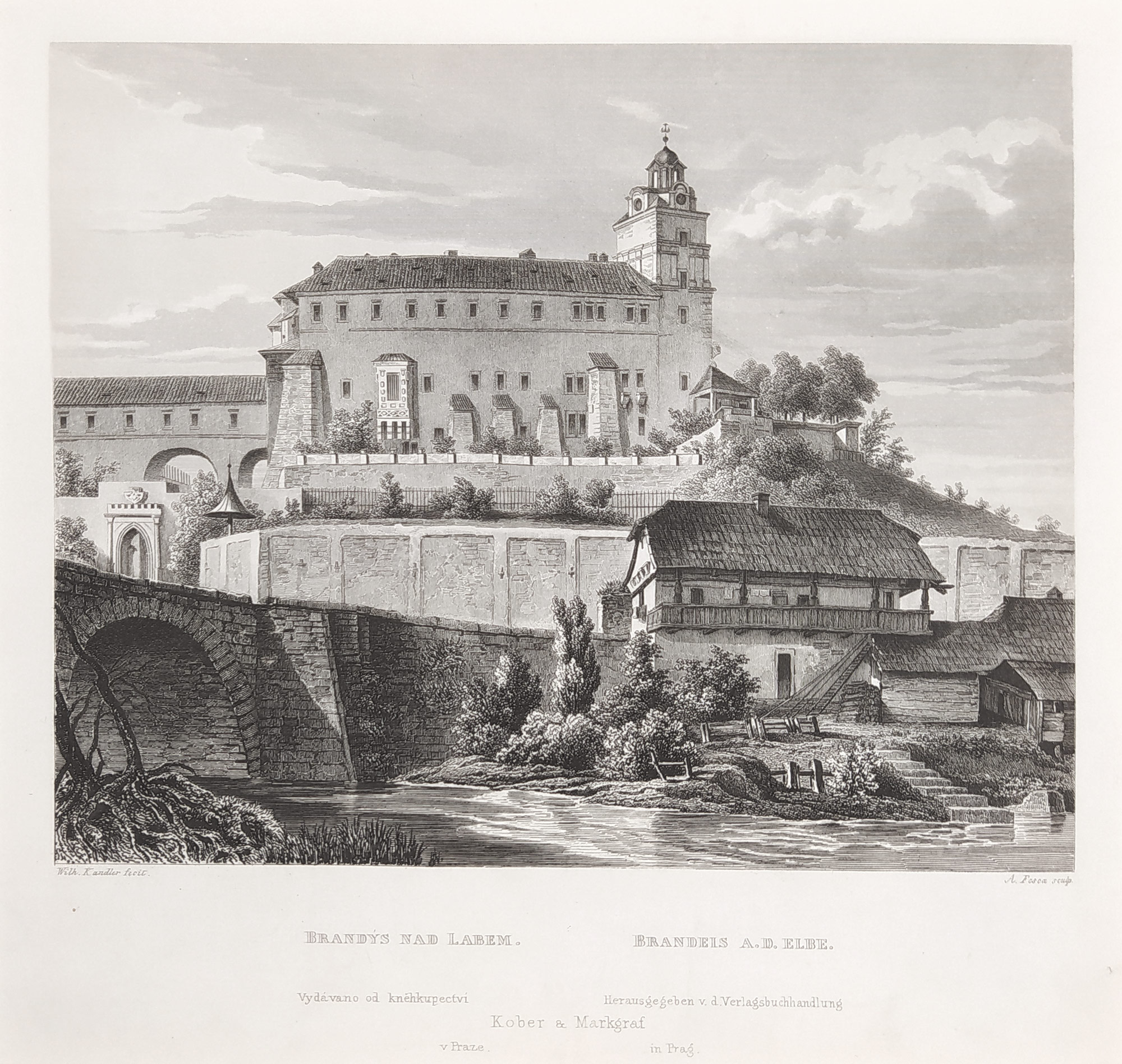 Brandýs nad Labem – Pohled na zámek, A. Fesca, oceloryt, ca 1860