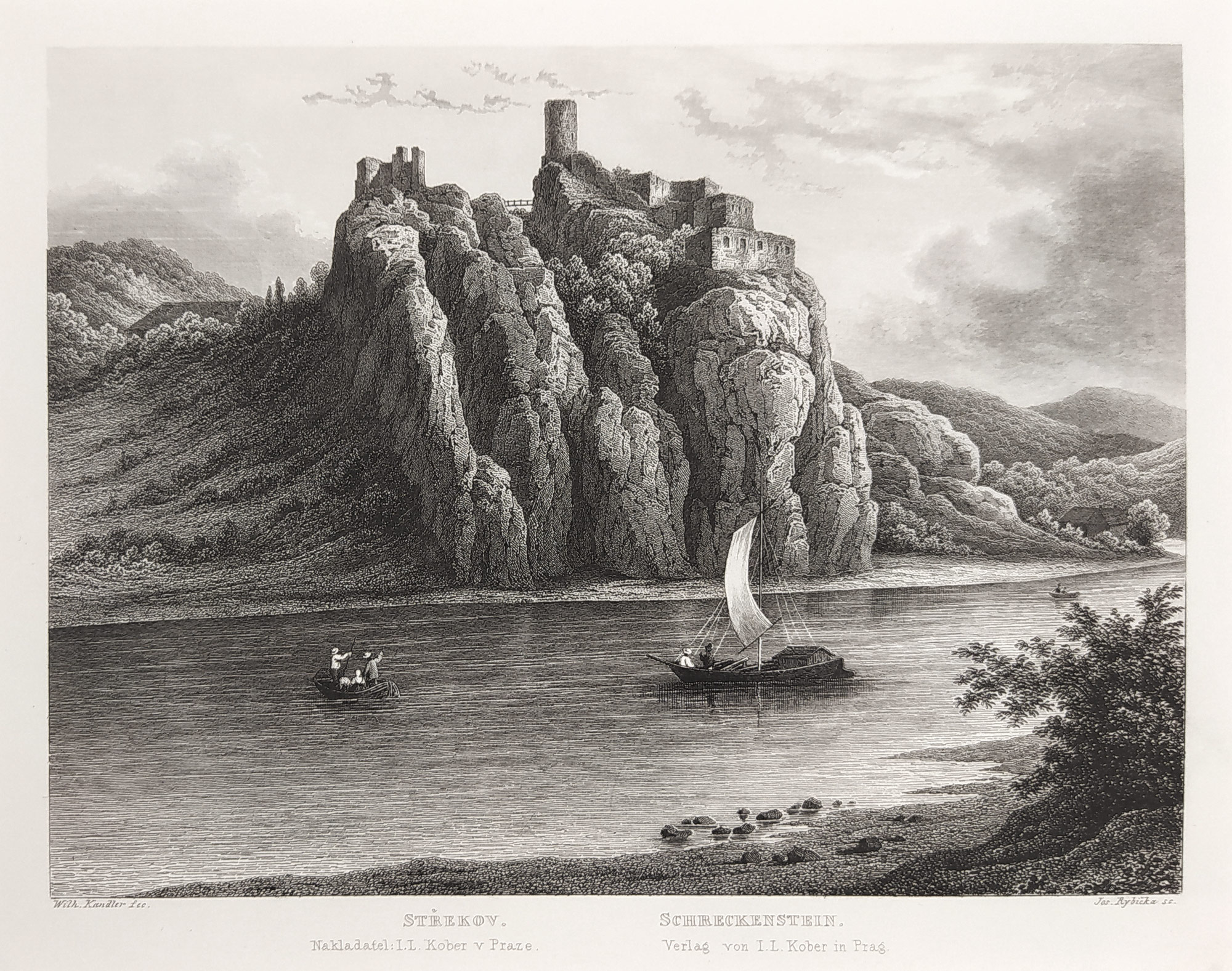 Ústí nad Labem – Pohled na Střekov, J. Rybička, oceloryt, ca 1860