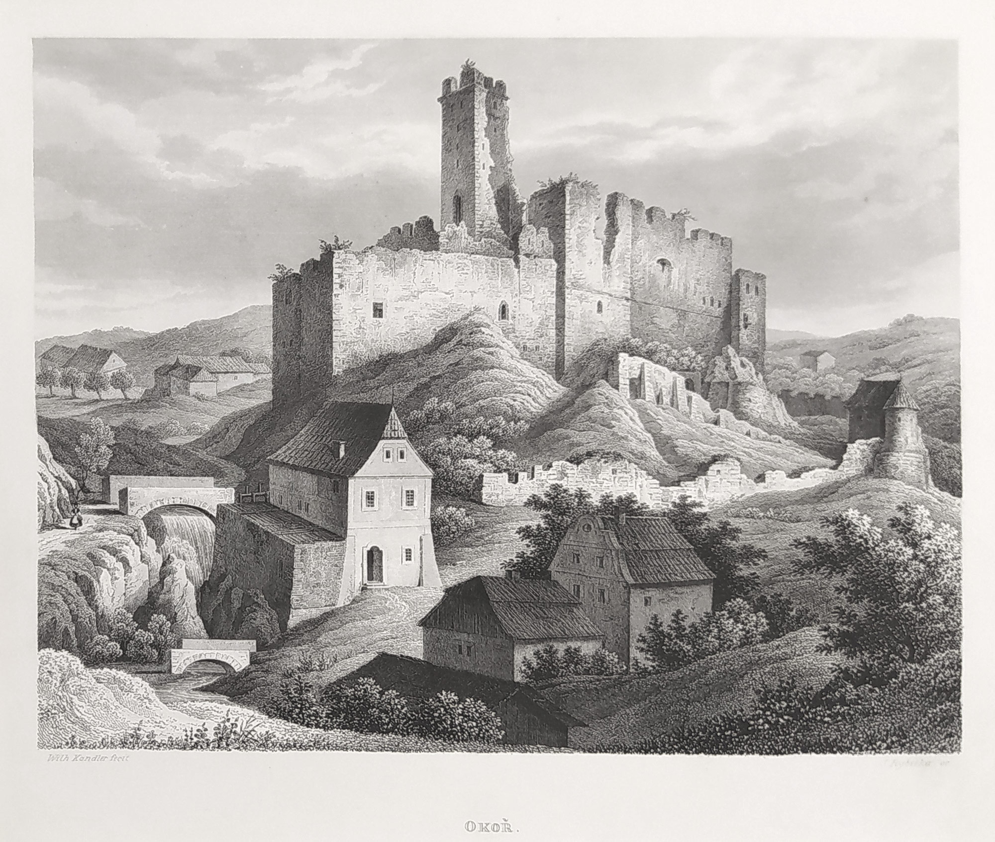Okoř – Zřícenina hradu Okoř, J. Rybička, oceloryt, 1865