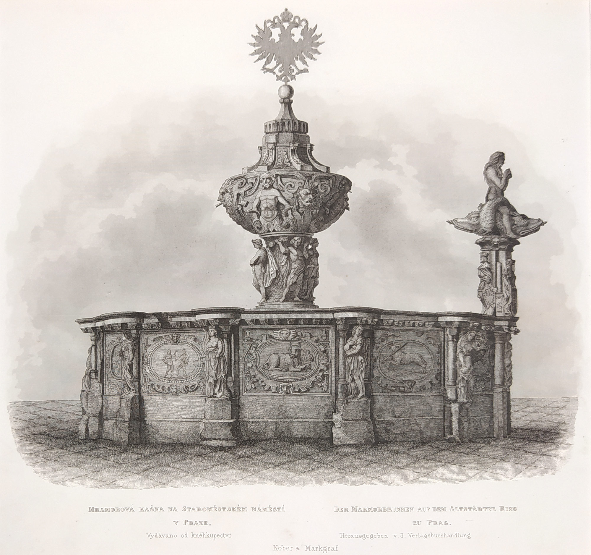 Praha – Krocínova kašna na Staroměstském náměstí, oceloryt, 1865