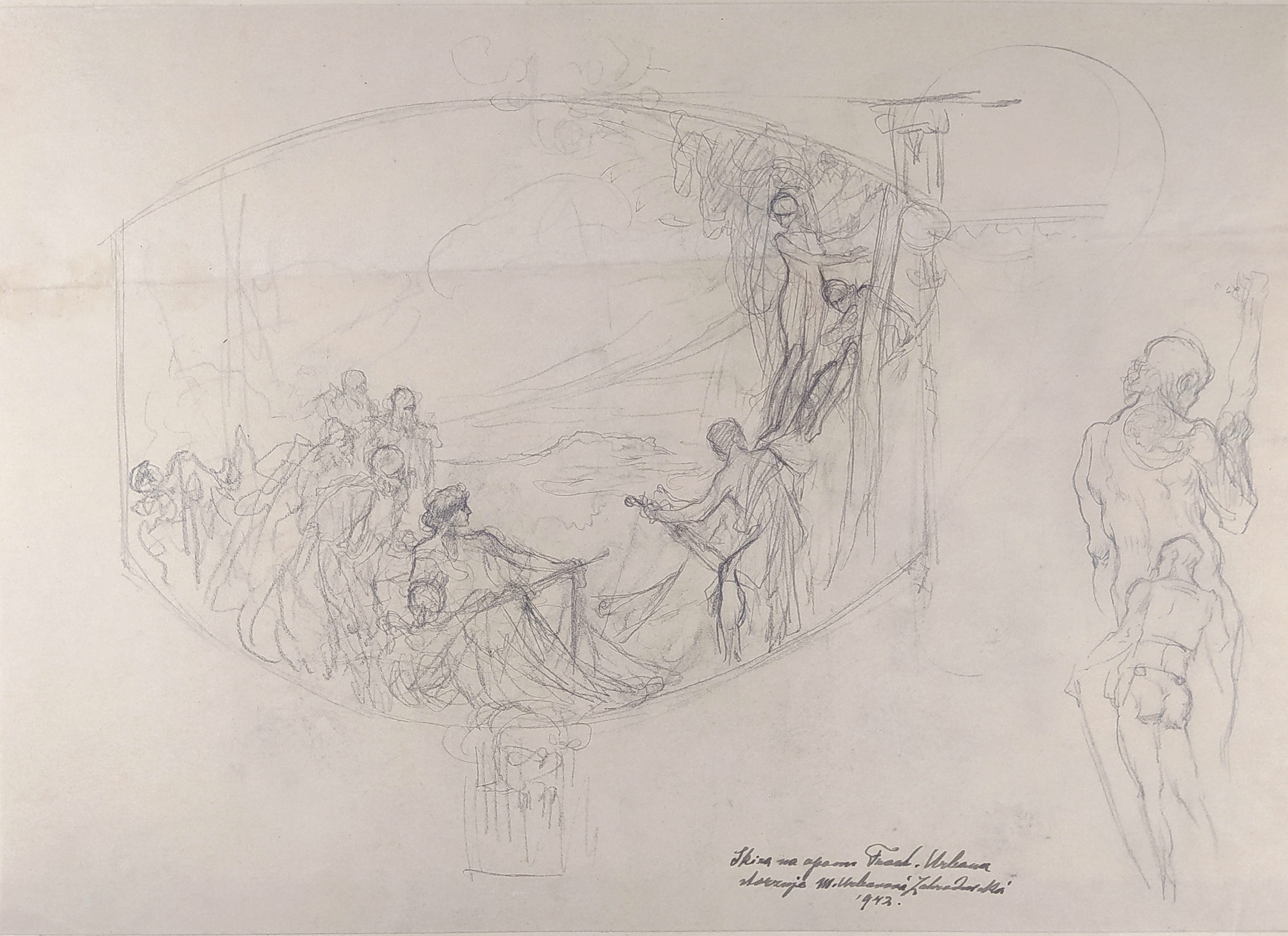 František Urban – Skica na oponu divadla v Pardubicích, kresba tužkou, 1908