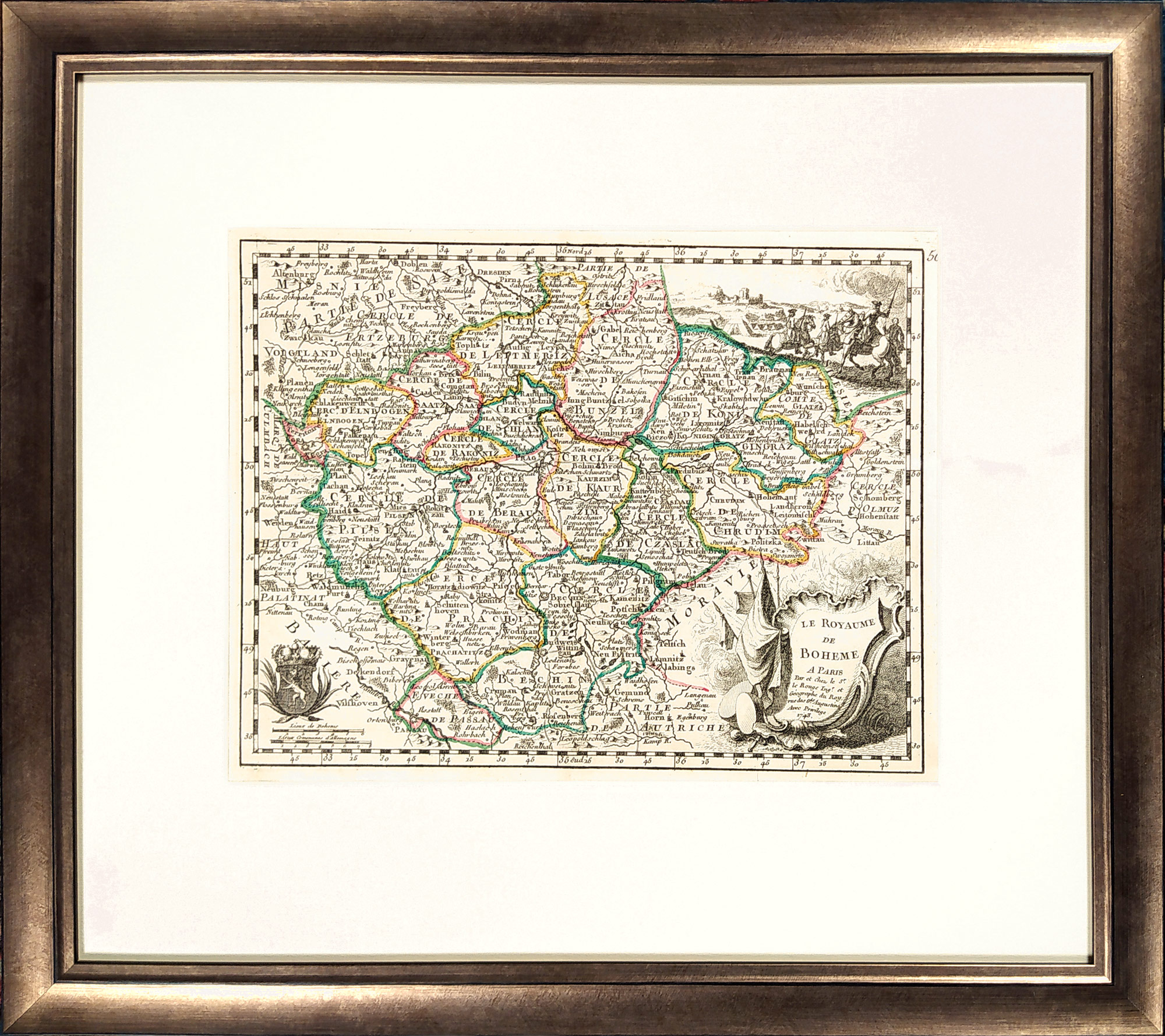 Čechy – podle Le Rougeovy mapy, J. B. Crépy, staře kolorovaný původní mědiryt, 1767