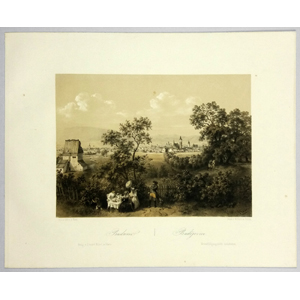 České Budějovice – Haun August, pův. litografie ca 1860, pohled na České Budějovice