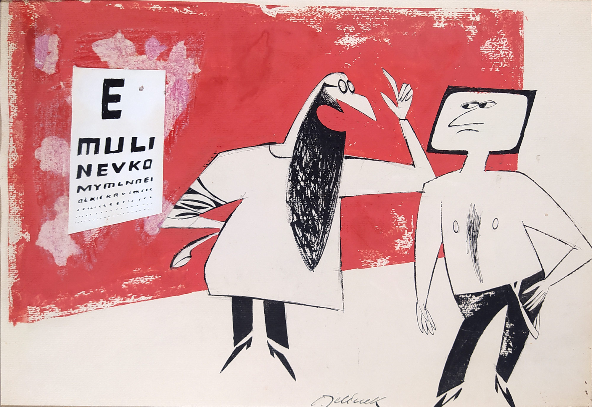 Jelínek Oldřich – Oční lékař, kolorovaná kresba tuší, 1990