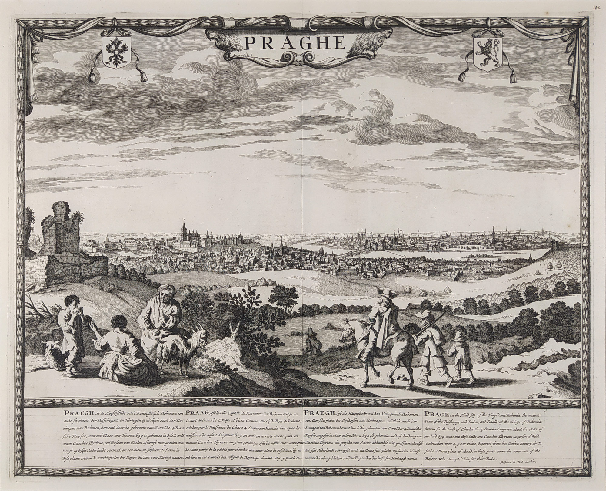 Praha – Praghe, Frederick de Wit, původní mědiryt, Amsterdam, 1690