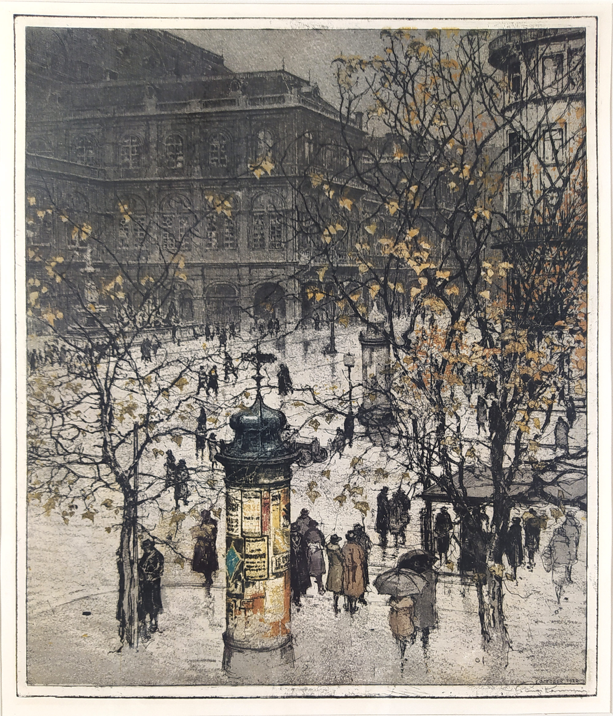 Kasimir Luigi – Paříž, Place du Théâtre Français, Morissova sloupová reklama, původní barevný lept, 1922