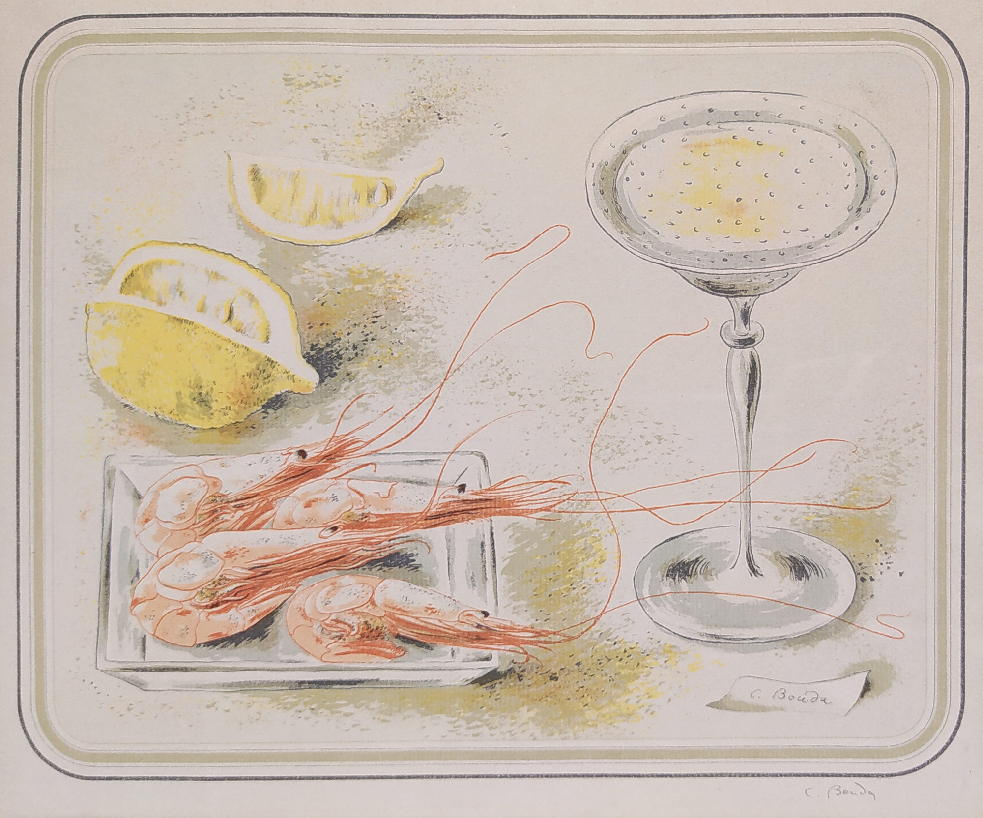 Bouda Cyril – Zátiší s krevetami a citronem, barevná litografie, ca 1943