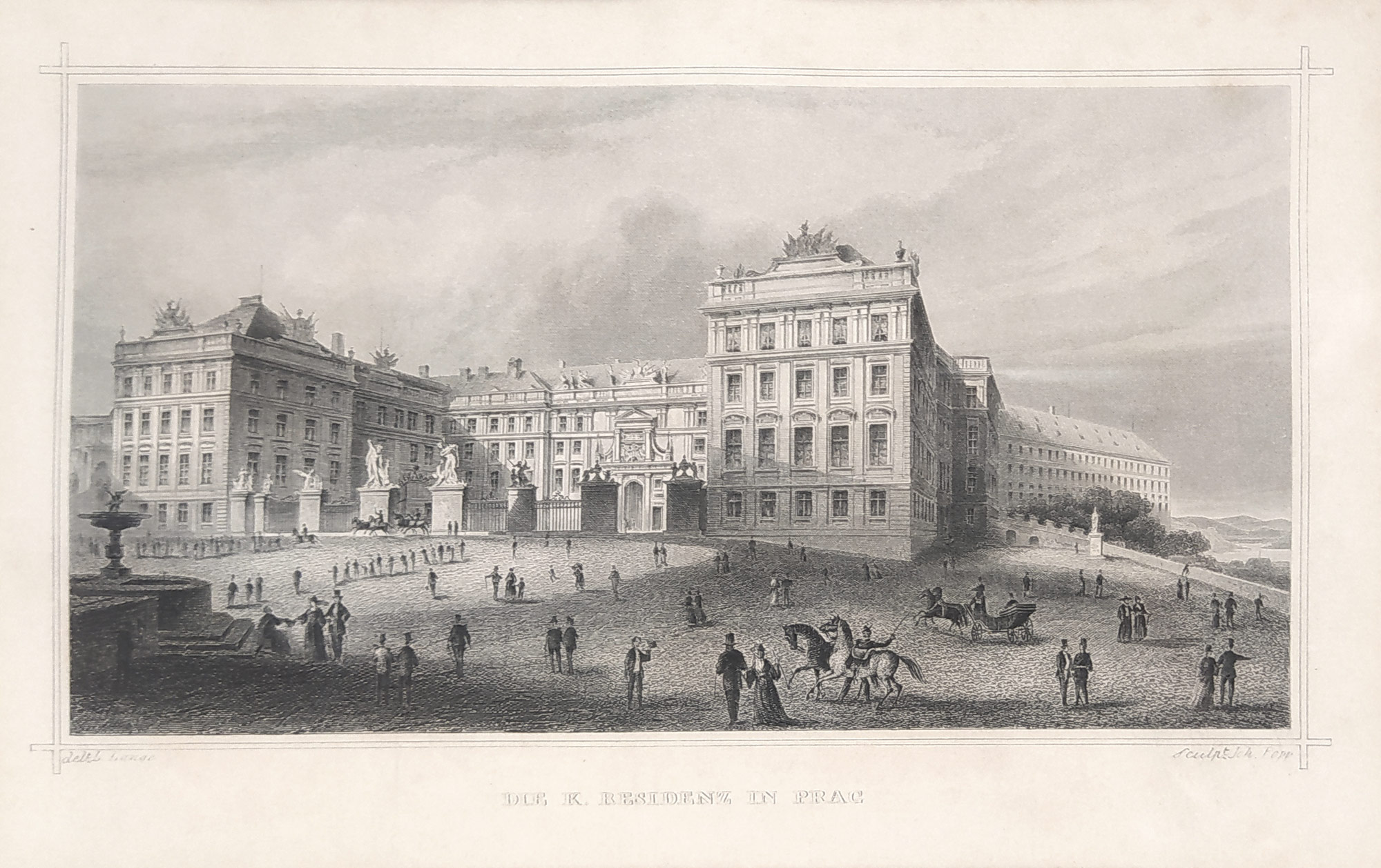 Praha – Pražský hrad, Ludwig Lange, Johann Poppel, původní oceloryt, ca 1840