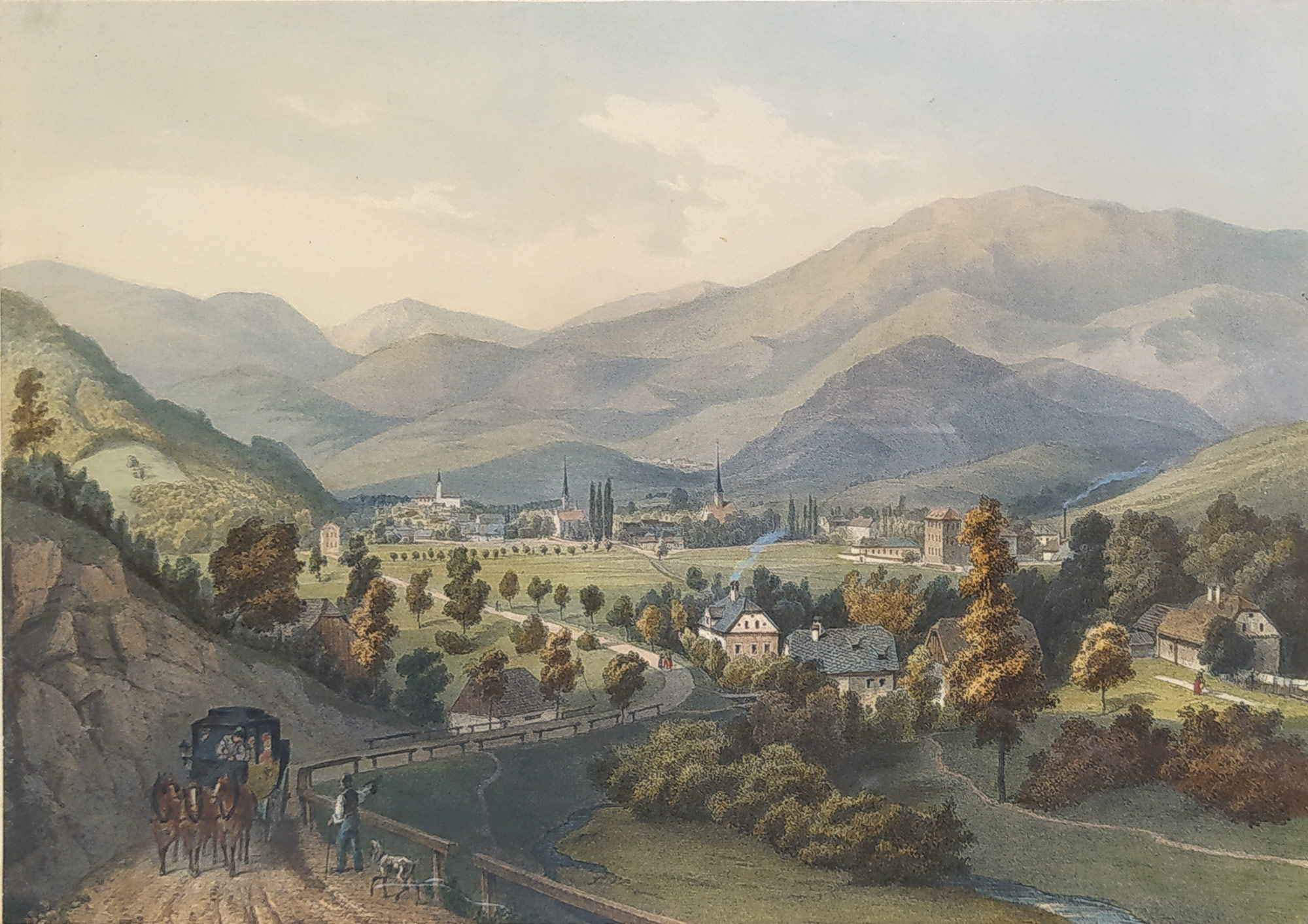 Velké Losiny – August Carl Haun, František Kalivoda, staře kolorovaná původní litografie, 1857–1860