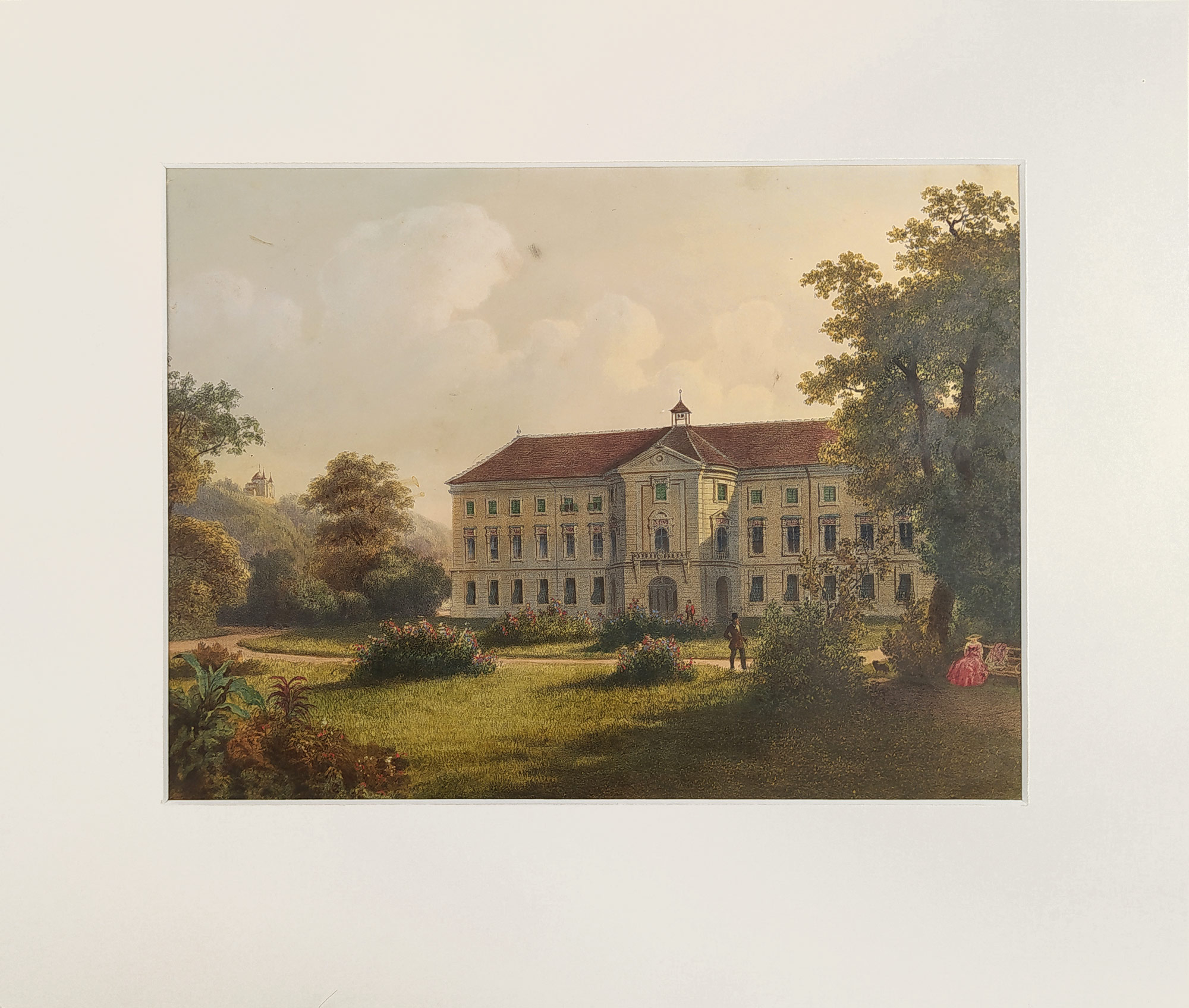 Bystřice pod Hostýnem – Pohled na zámek, August Carl Haun, František Kalivoda, původní litografie, 1857–1860