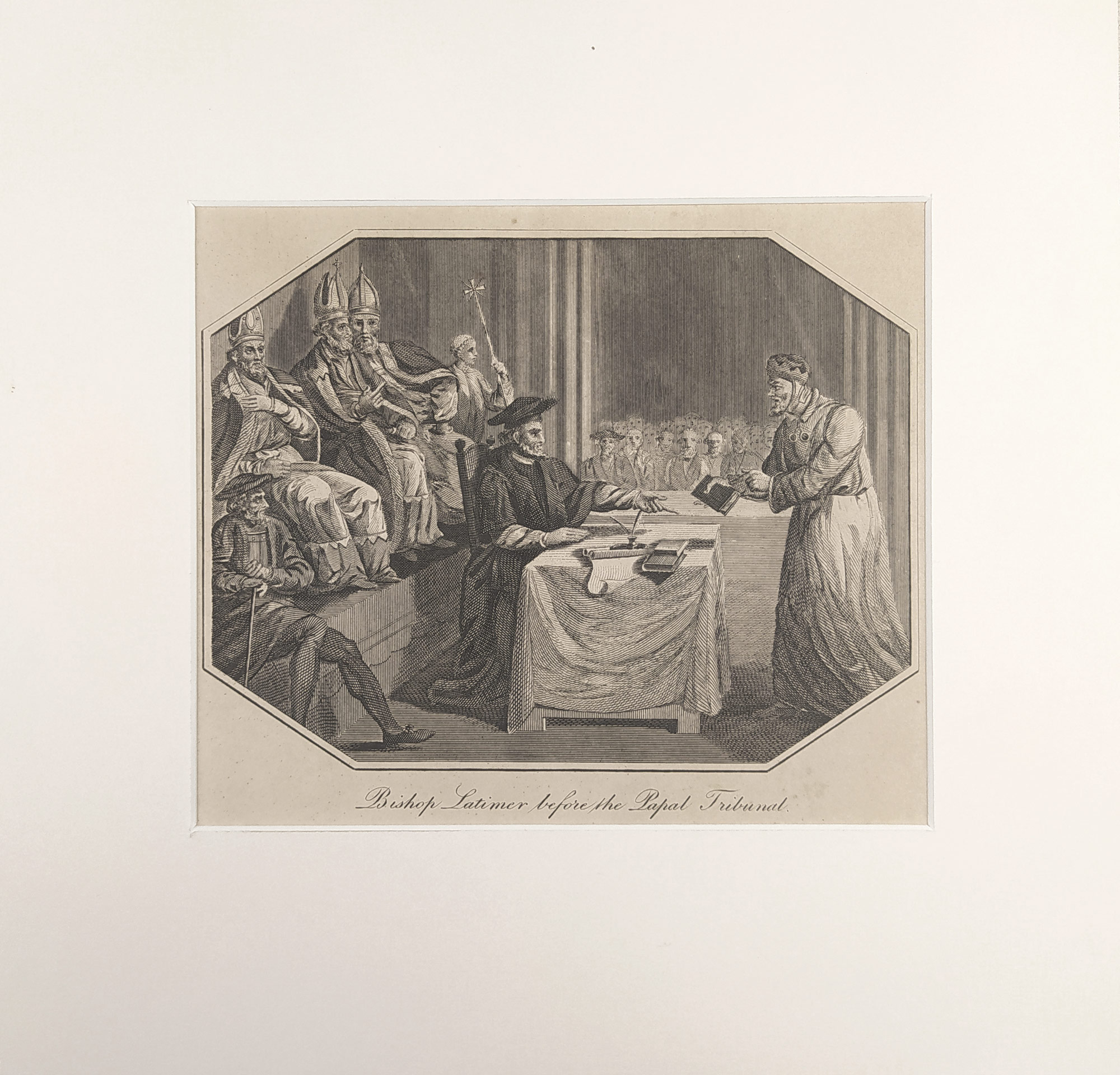 Latimer Hugh – biskup Latimer před papežským tribunálem, původní mědiryt, 1812