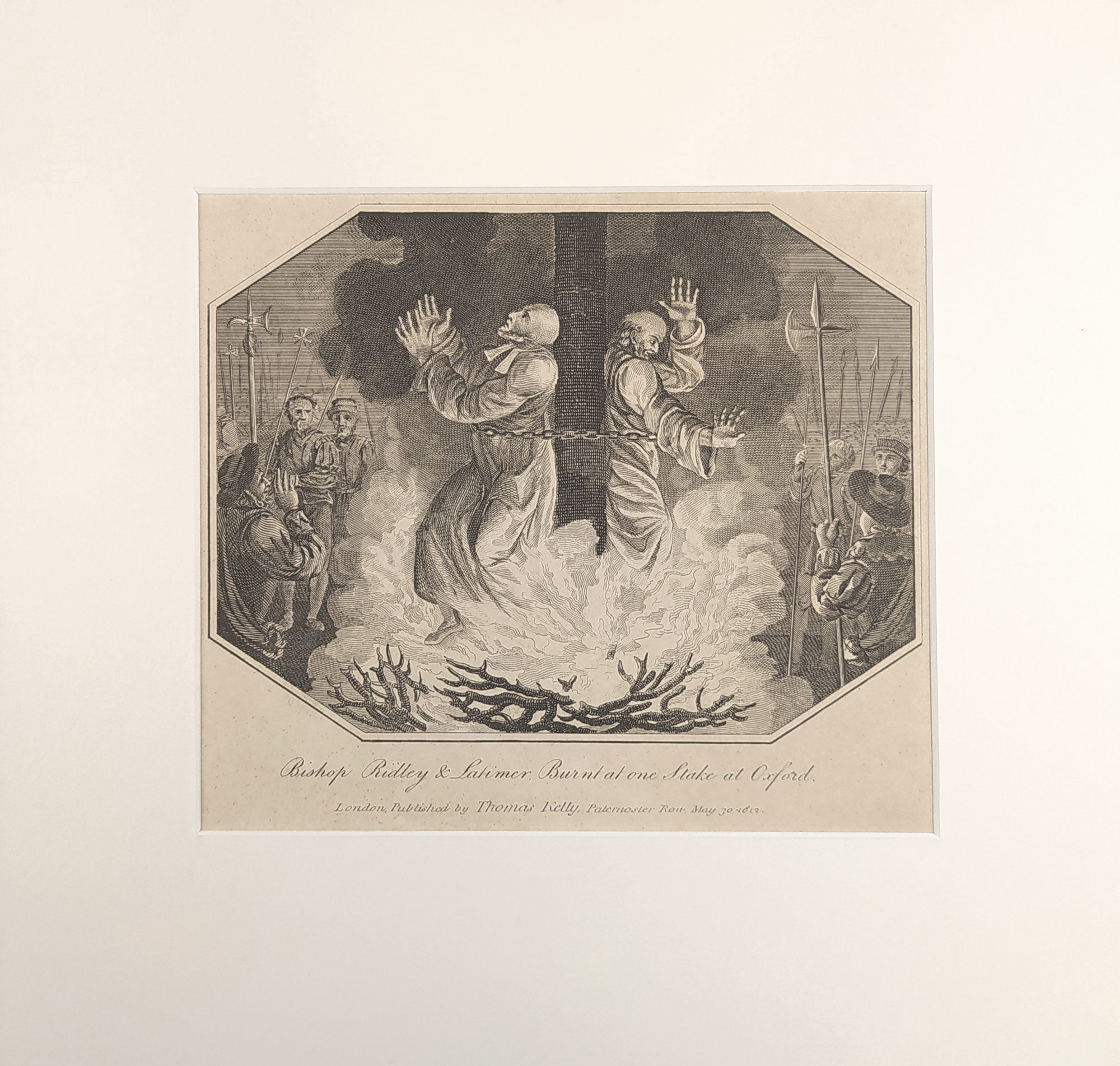 Latimer Hugh, Ridley Nicholas – veřejné upálení biskupů 16. října 1555, původní mědiryt, 1812