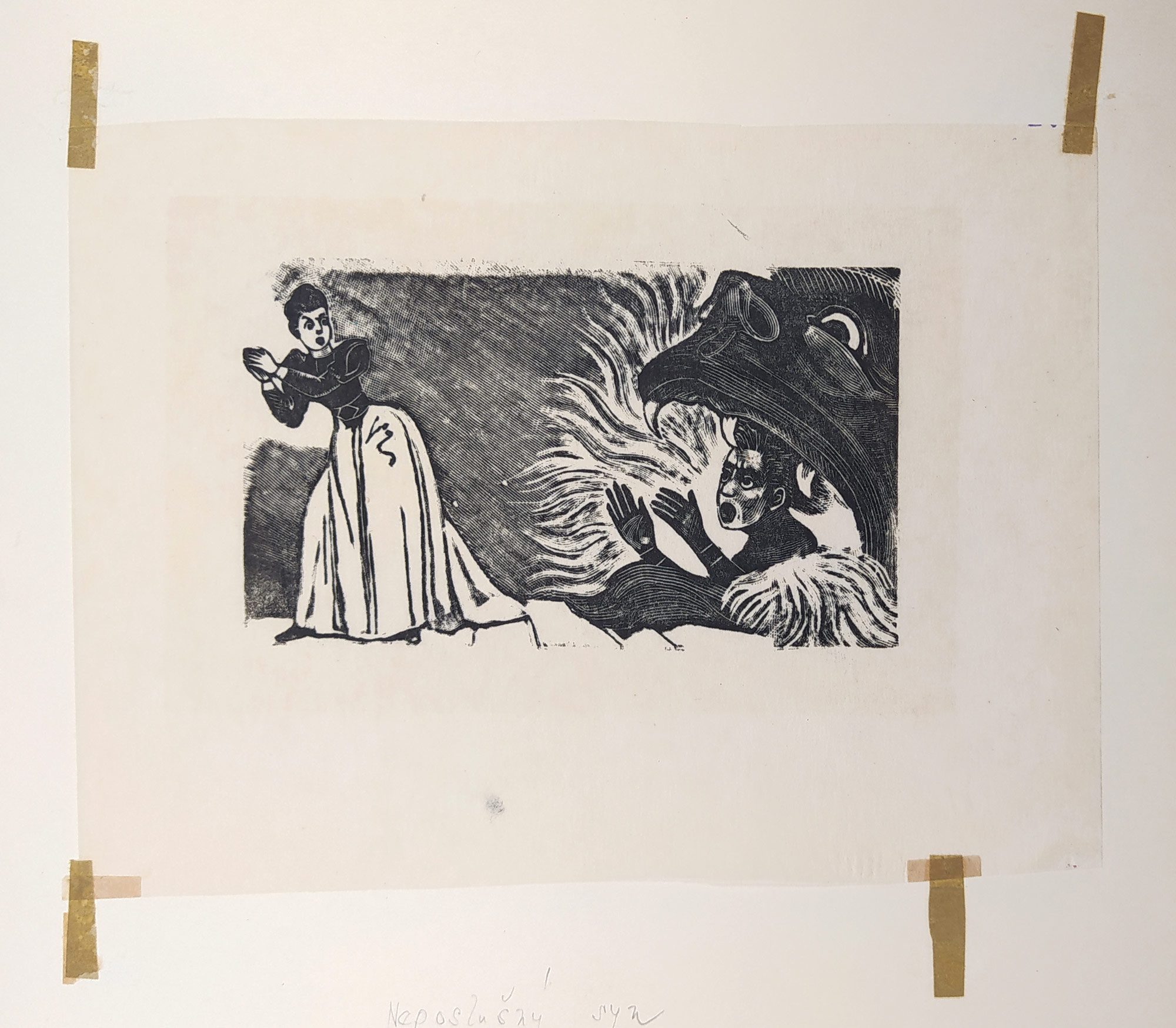 Posada José Guadalupe – Neposlušný syn, dřevoryt na japanu, nesignováno, nedatováno
