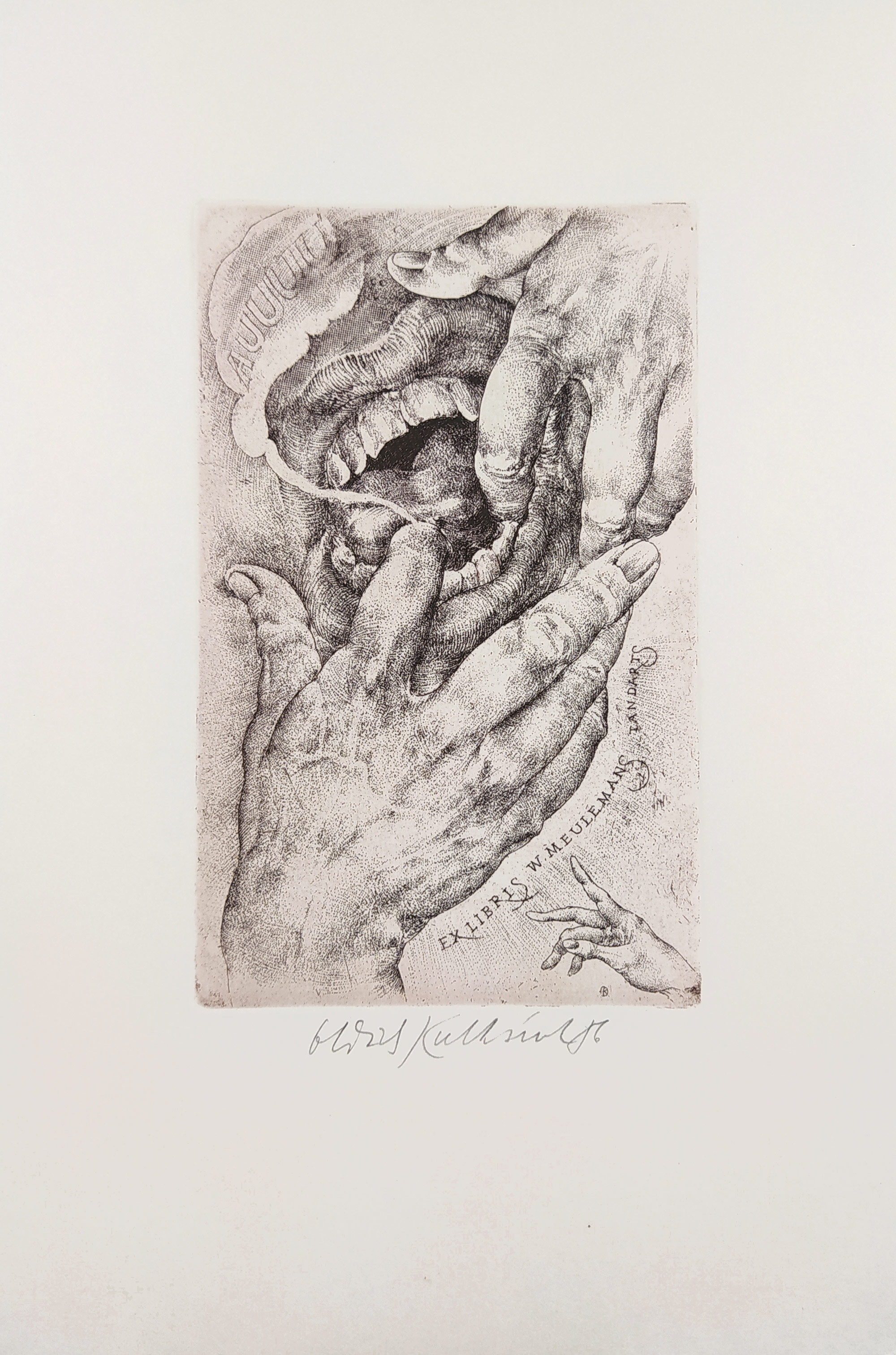 Kulhánek Oldřich – Auuuu, Ex libris W. Meulemans, tandarts, barevný lept, 1986