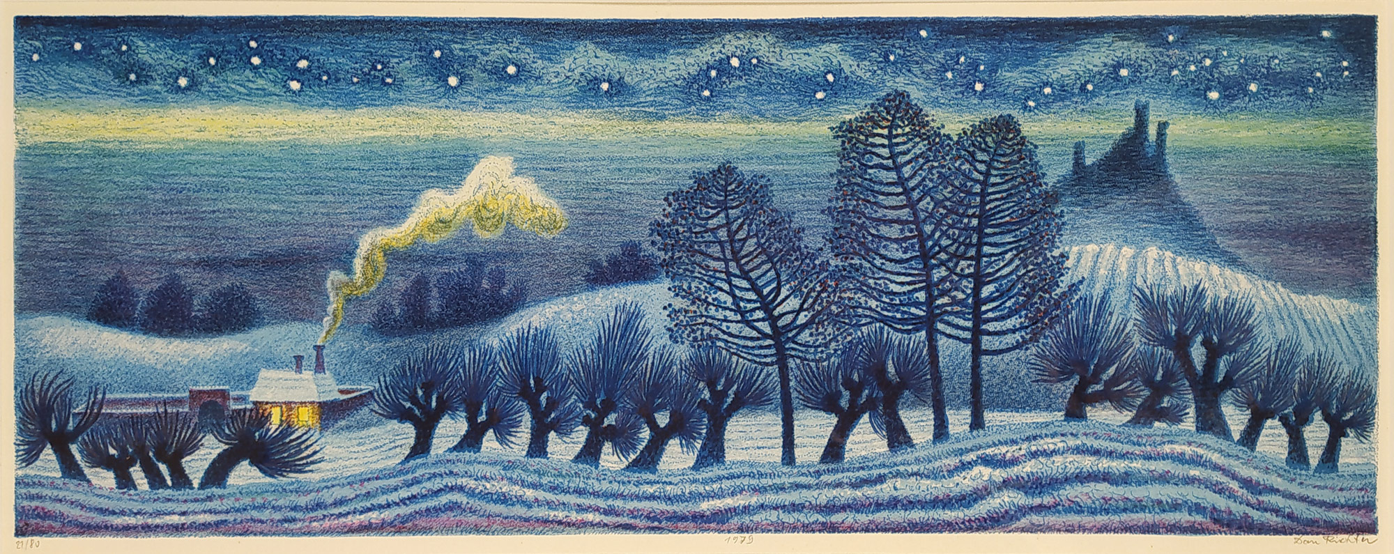 Richter Dan – Zimní noc, signovaná barevná litografie, číslováno 21/80, 1979