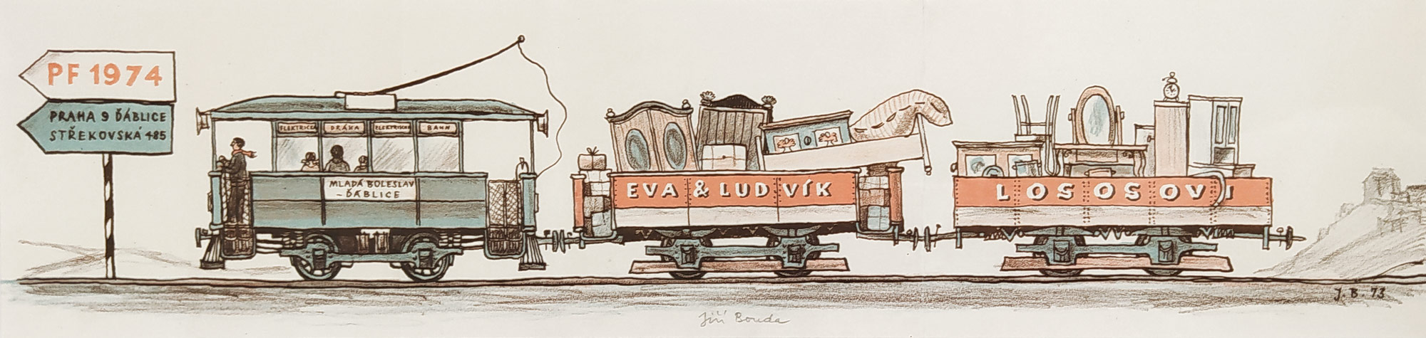 Bouda Jiří – PF 1974 Eva & Ludvík Lososovi, velkoformátová původní barevná litografie, 1973