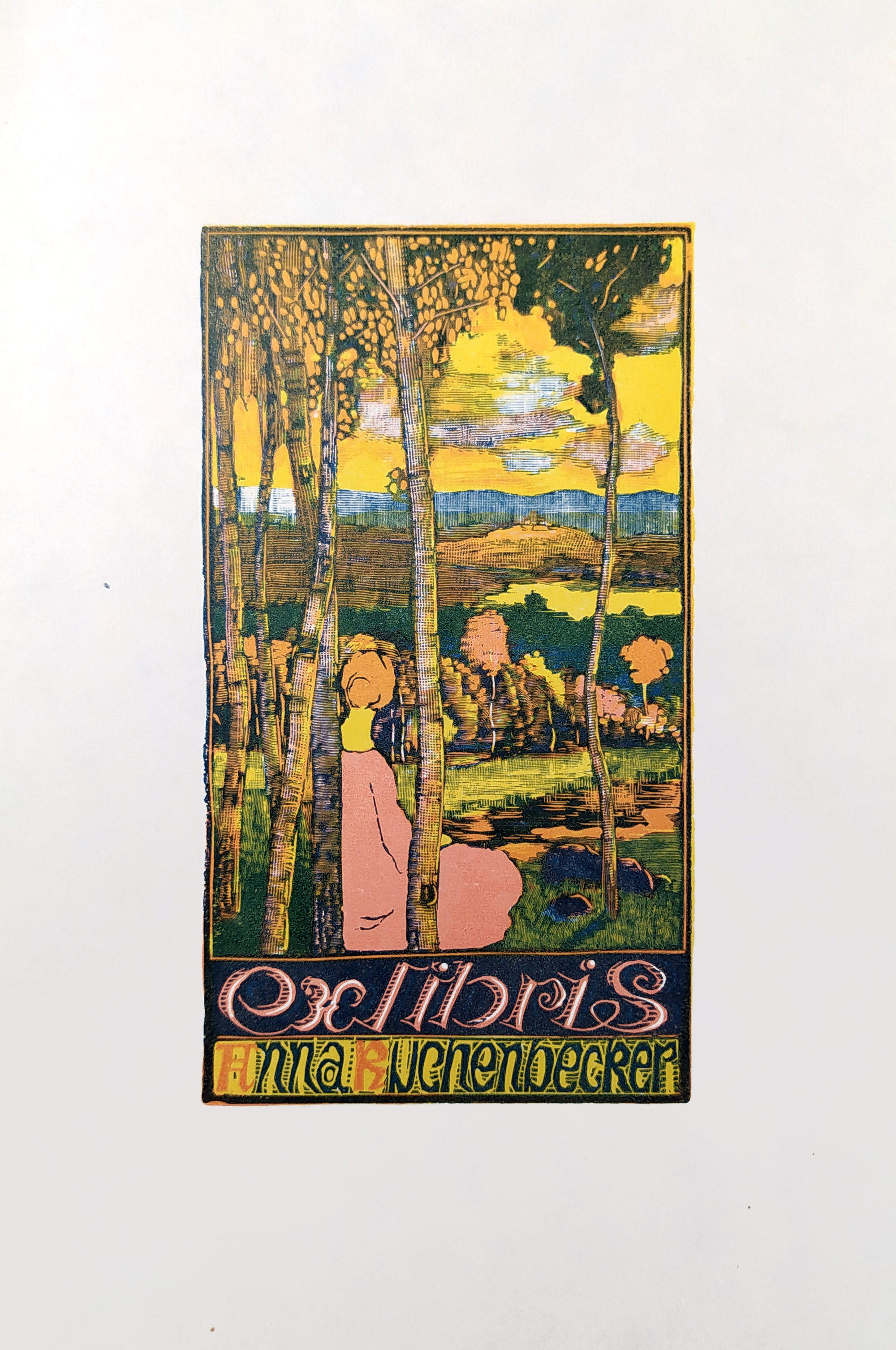 Váchal Josef – Ex libris Anna Buchenbecker, původní trojbarevný dřevoryt, 1916