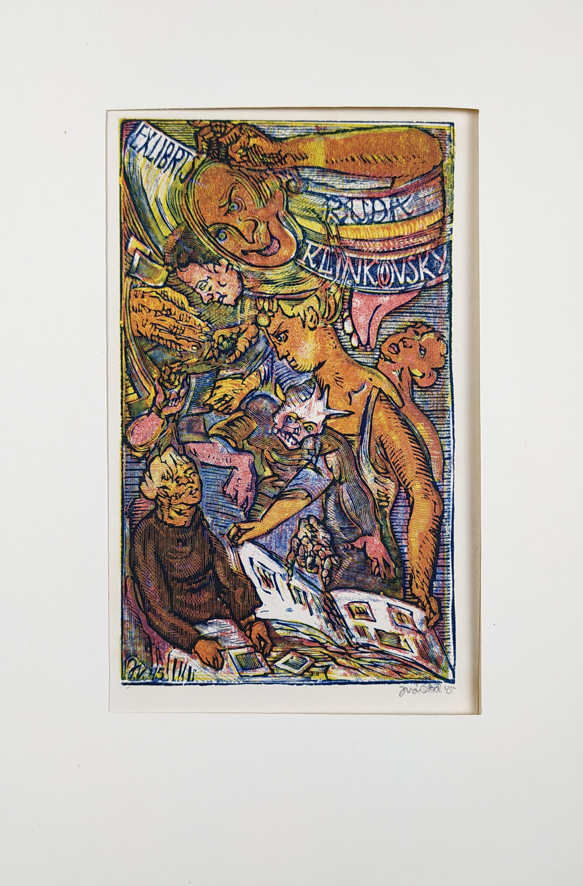 Váchal Josef – Ex libris Ruda Klinkovský, Sběratel a vidiny, původní čtyřbarevný dřevoryt, 1945
