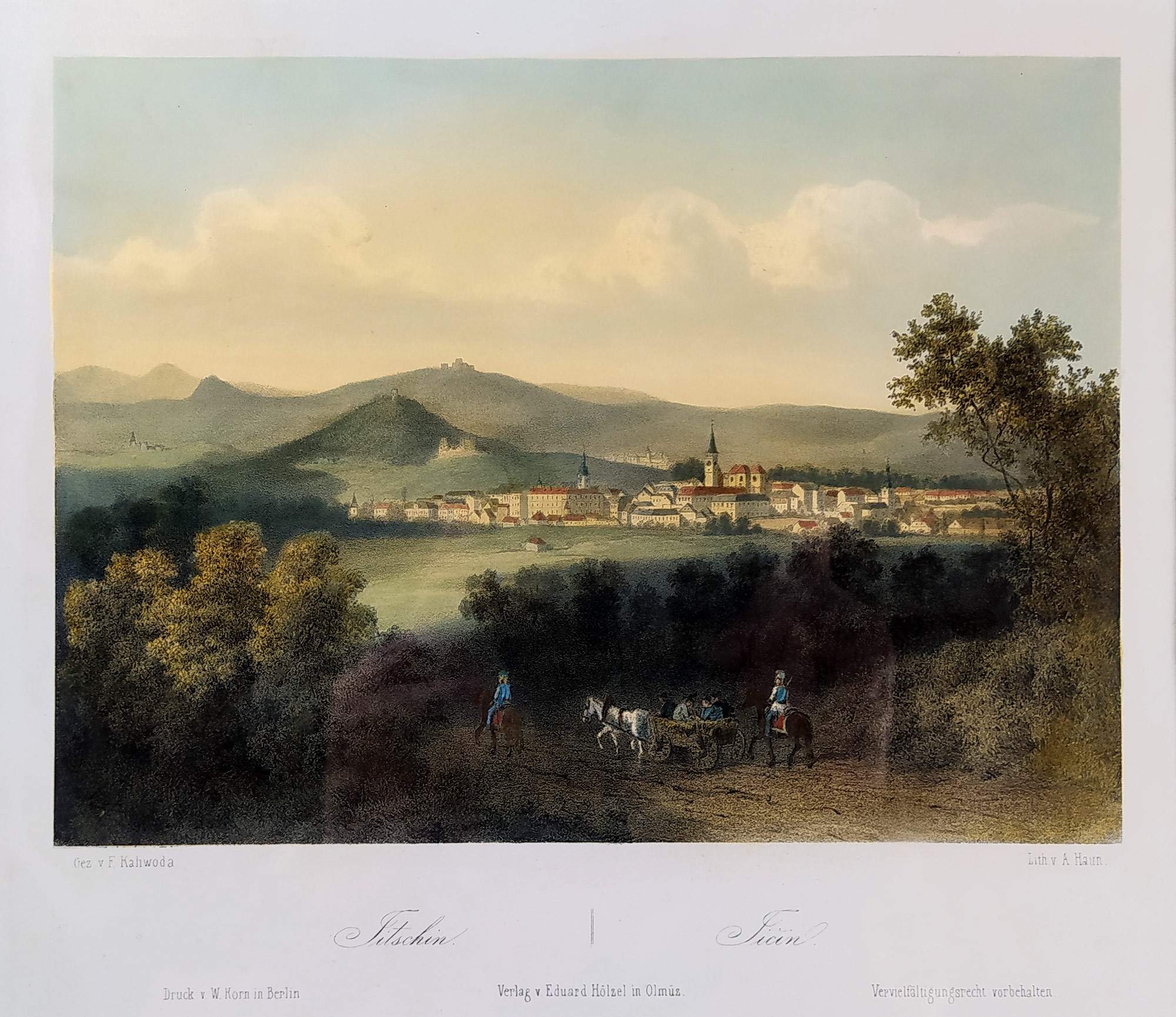 Jičín – August Haun, staře kolorovaná původní litografie, 1860