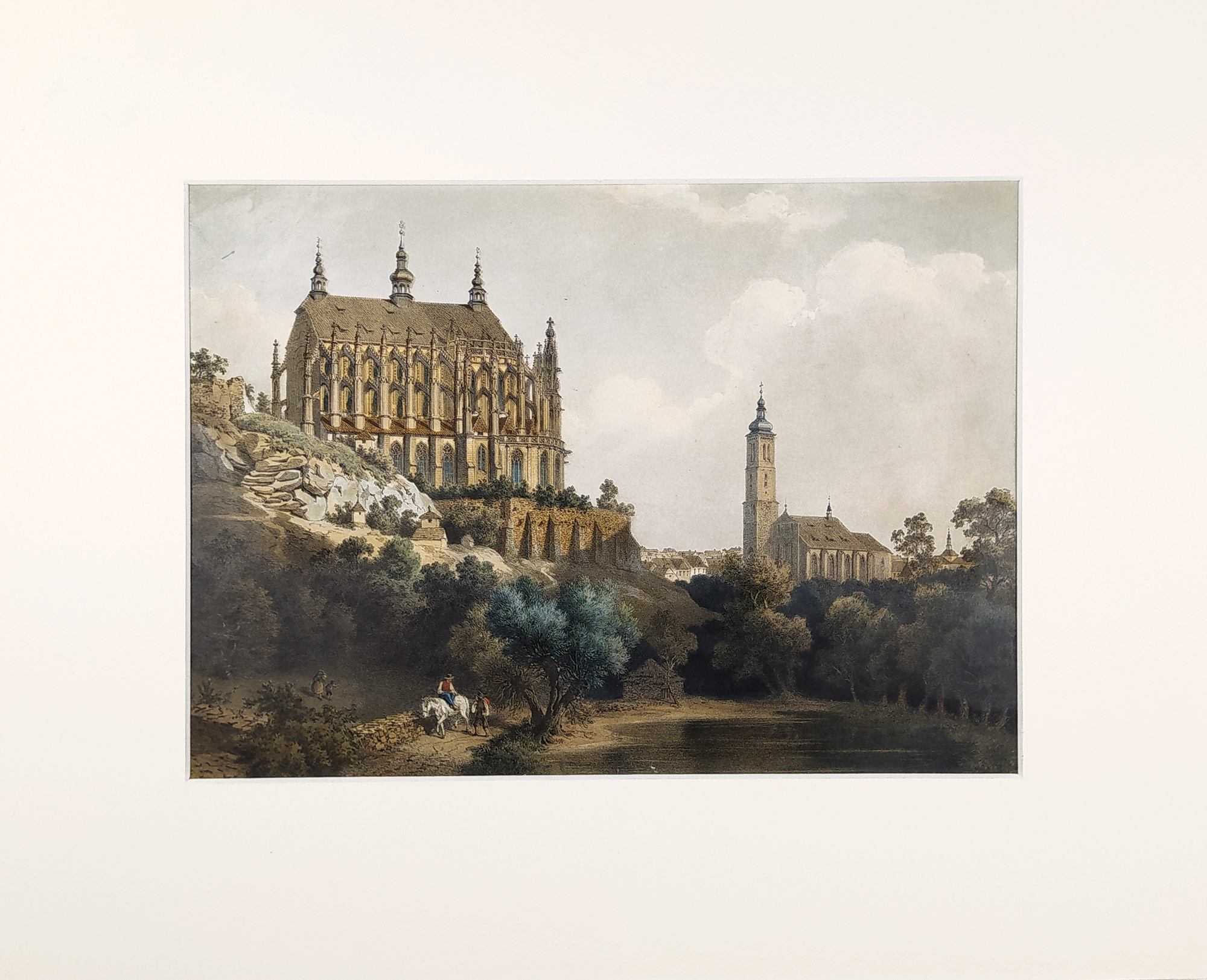 Kutná Hora – Chrám sv. Barbory, August Haun, staře kolorovaná původní litografie, 1860