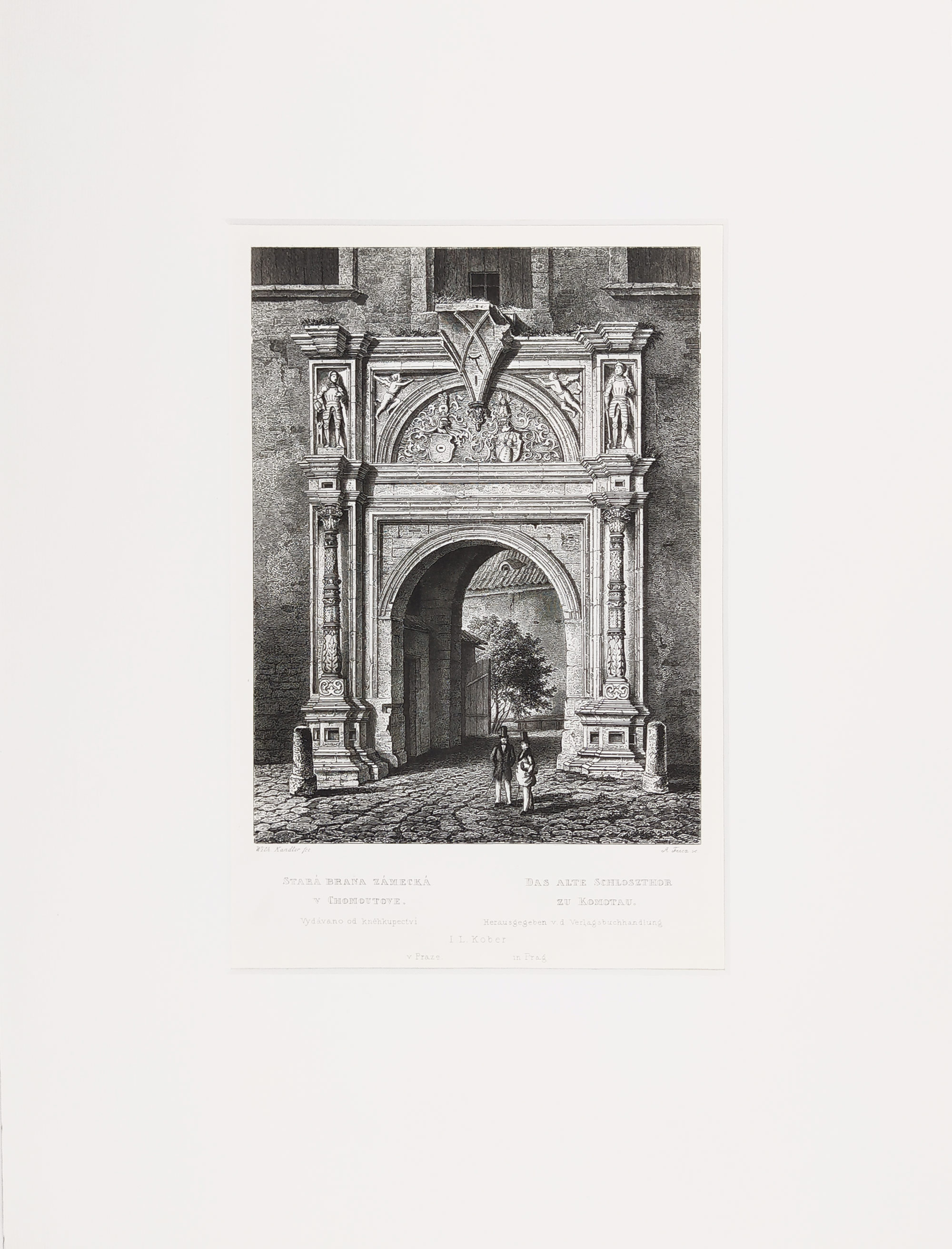Chomutov – Stará zámecká brána, Adolf Fesca, původní oceloryt, ca 1850