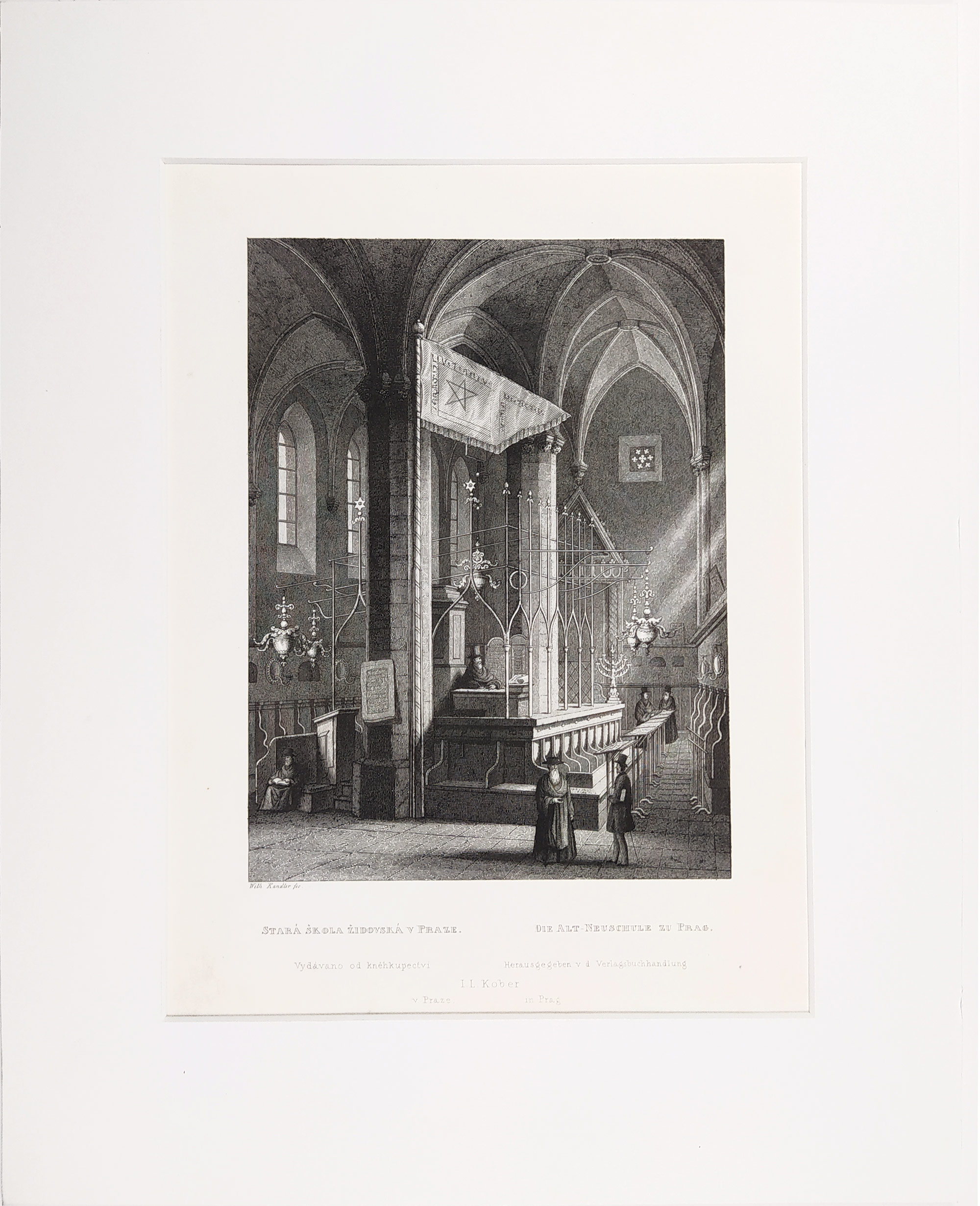 Praha – Interiér Staronové synagogy, Wilhelm Kandler, původní oceloryt, ca 1860