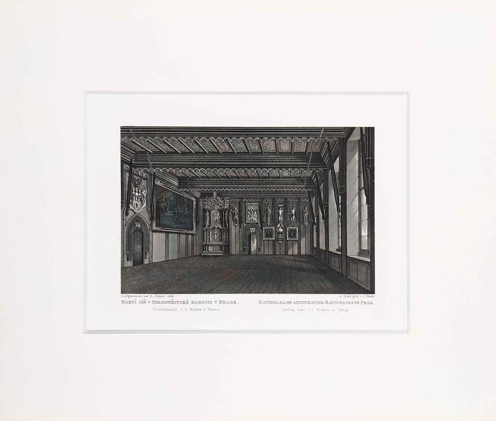Praha – Interiér Staroměstské radnice, A. Schulz, J. Skala, původní oceloryt, ca 1860