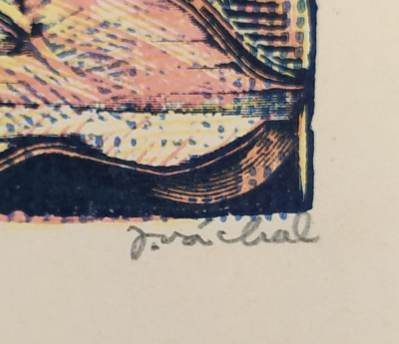 Váchal Josef – Ex libris F. M. Klicmana, Žehnající músa, původní čtyřbarevný dřevoryt, 1945