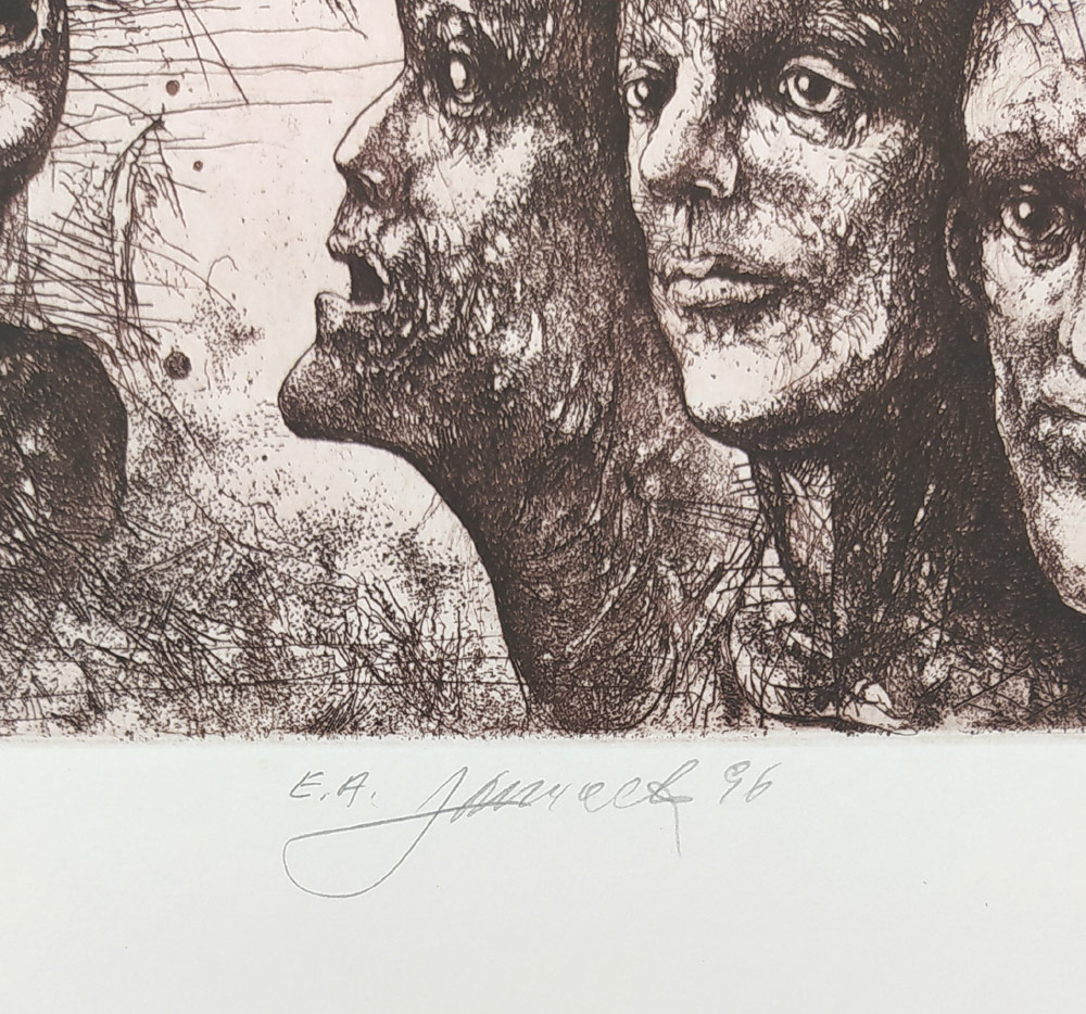 Janíček James – Sedm ran egyptských, barevný lept, značeno E.A./autorský tisk, 1996