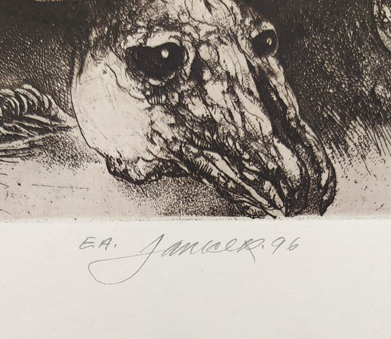 Janíček James – Sedm ran egyptských, barevný lept, značeno E.A./autorský tisk, 1996