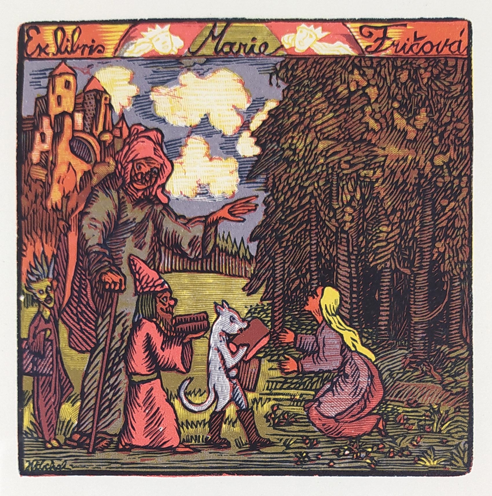 Váchal Josef – Ex libris Marie Fričová, Pohádka, původní tříbarevný dřevoryt, 1927
