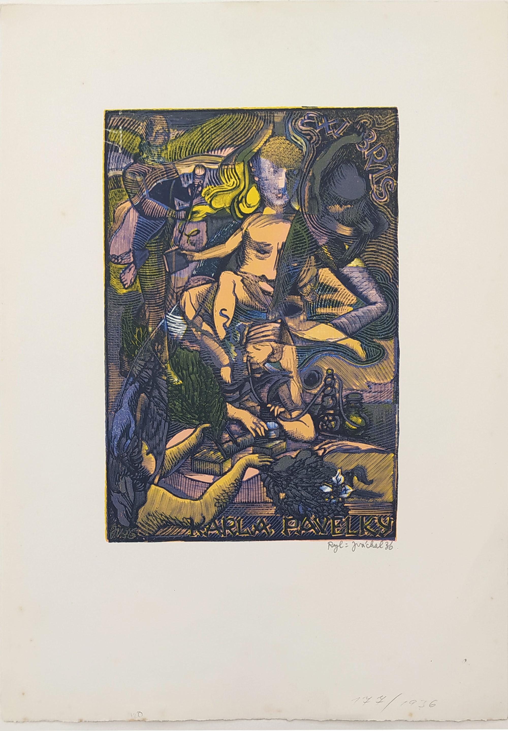 Váchal Josef – Ex libris Karel Pavelka, Kuřák tabáku, původní čtyřbarevný dřevoryt, 1936