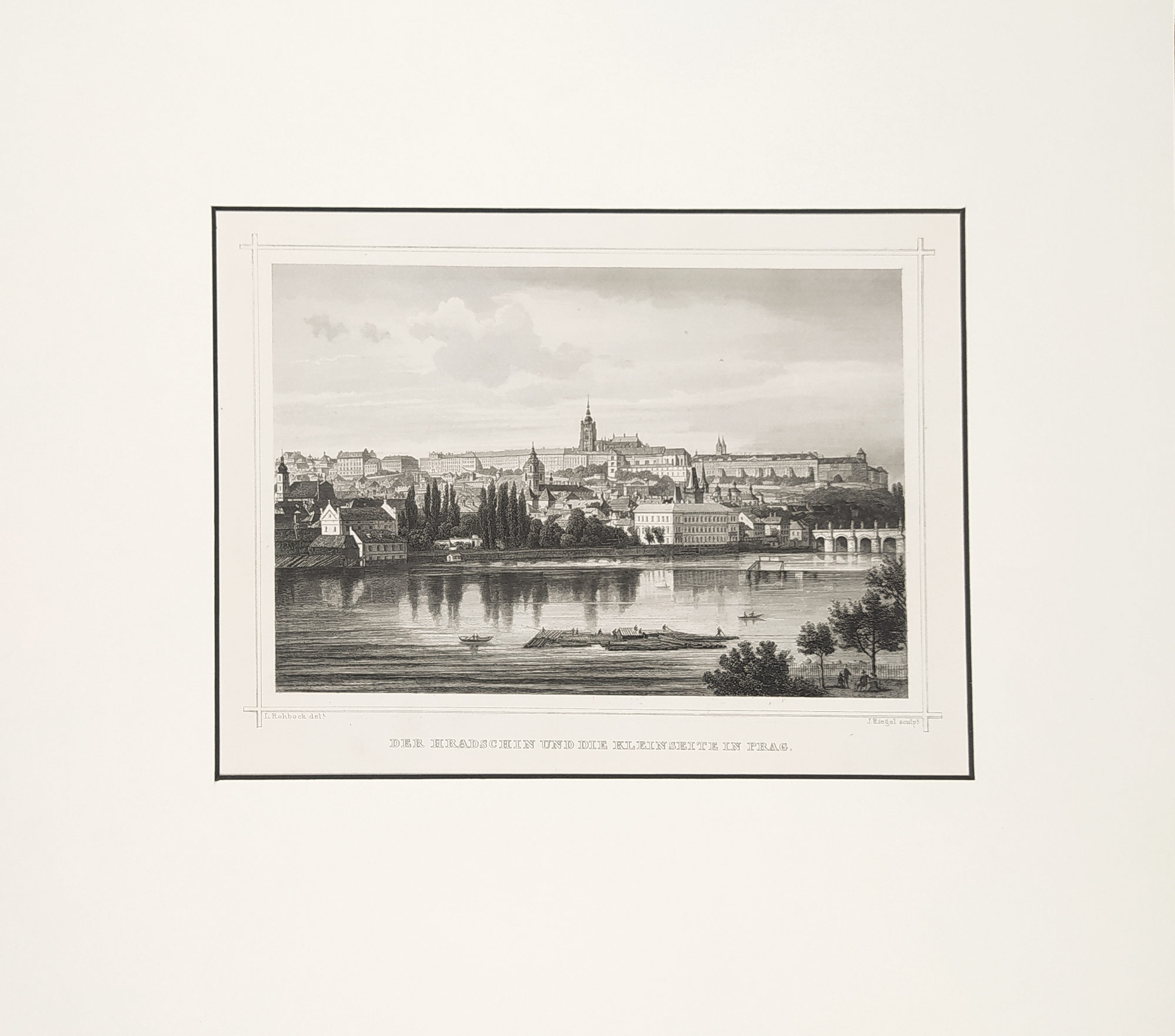 Praha – Pohled na Hradčany a Malou Stranu, J. Riegel, L. Rohbock, původní oceloryt, ca 1850