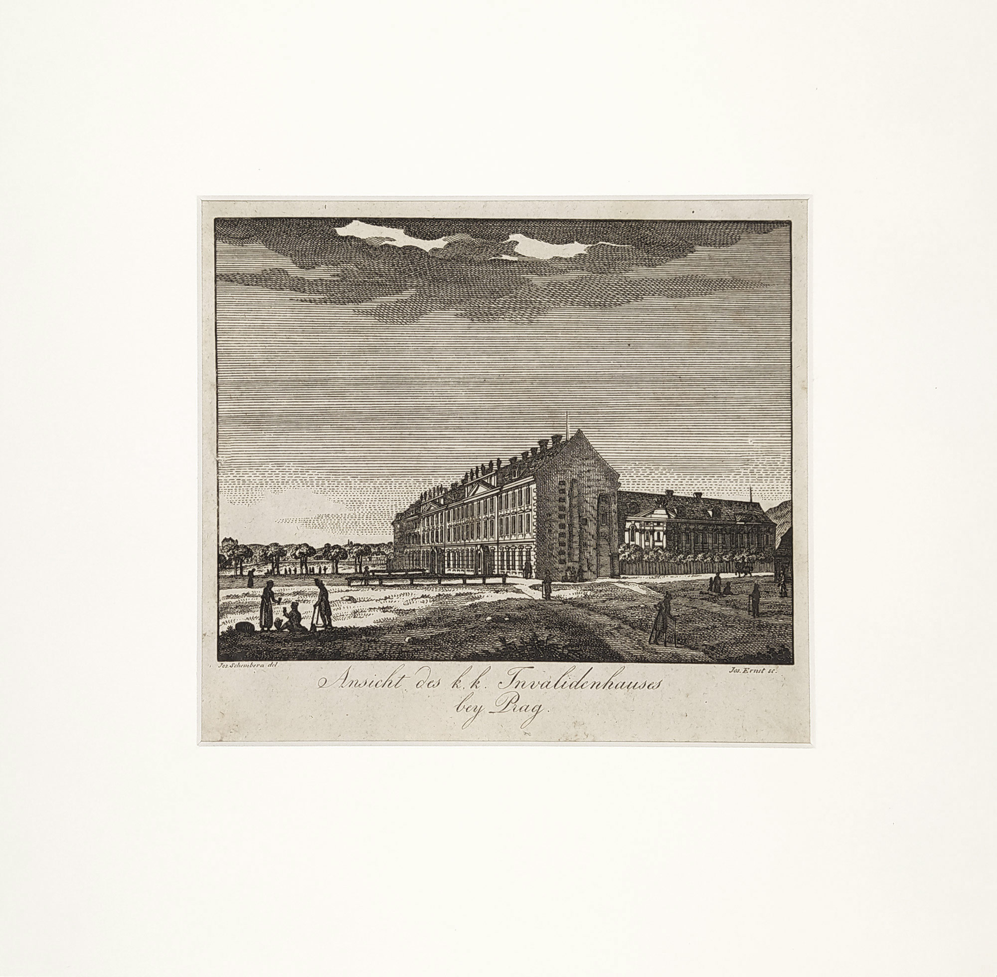 Praha – Karlín, Pohled na Císařskou a královskou Invalidovnu, J. Šembera, J. Ernst, původní mědiryt, 1820