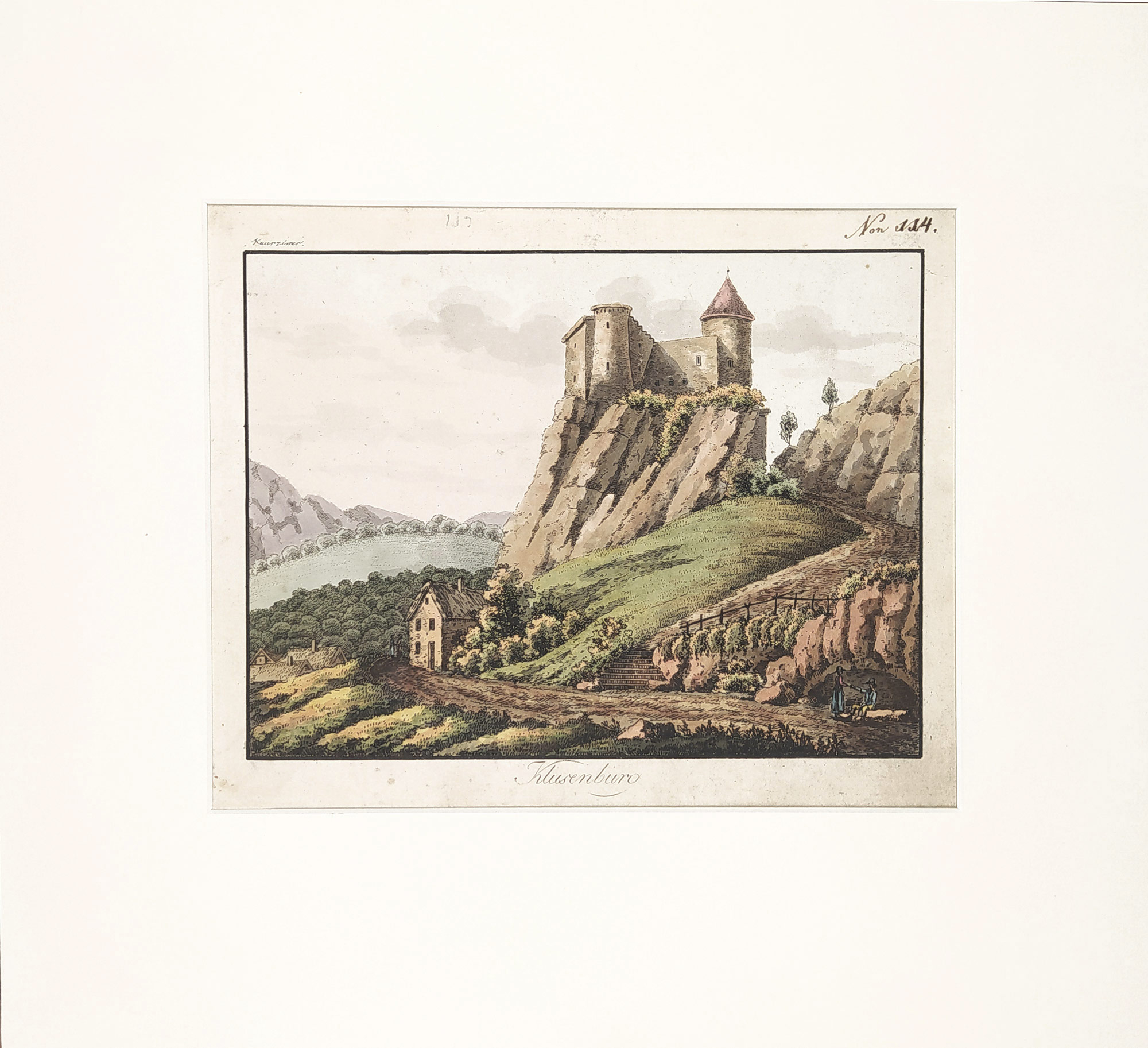 Bečov nad Teplou – pohled na hrad, F. K. Wolf, staře kolorovaný původní obrysový lept, 1801–1807