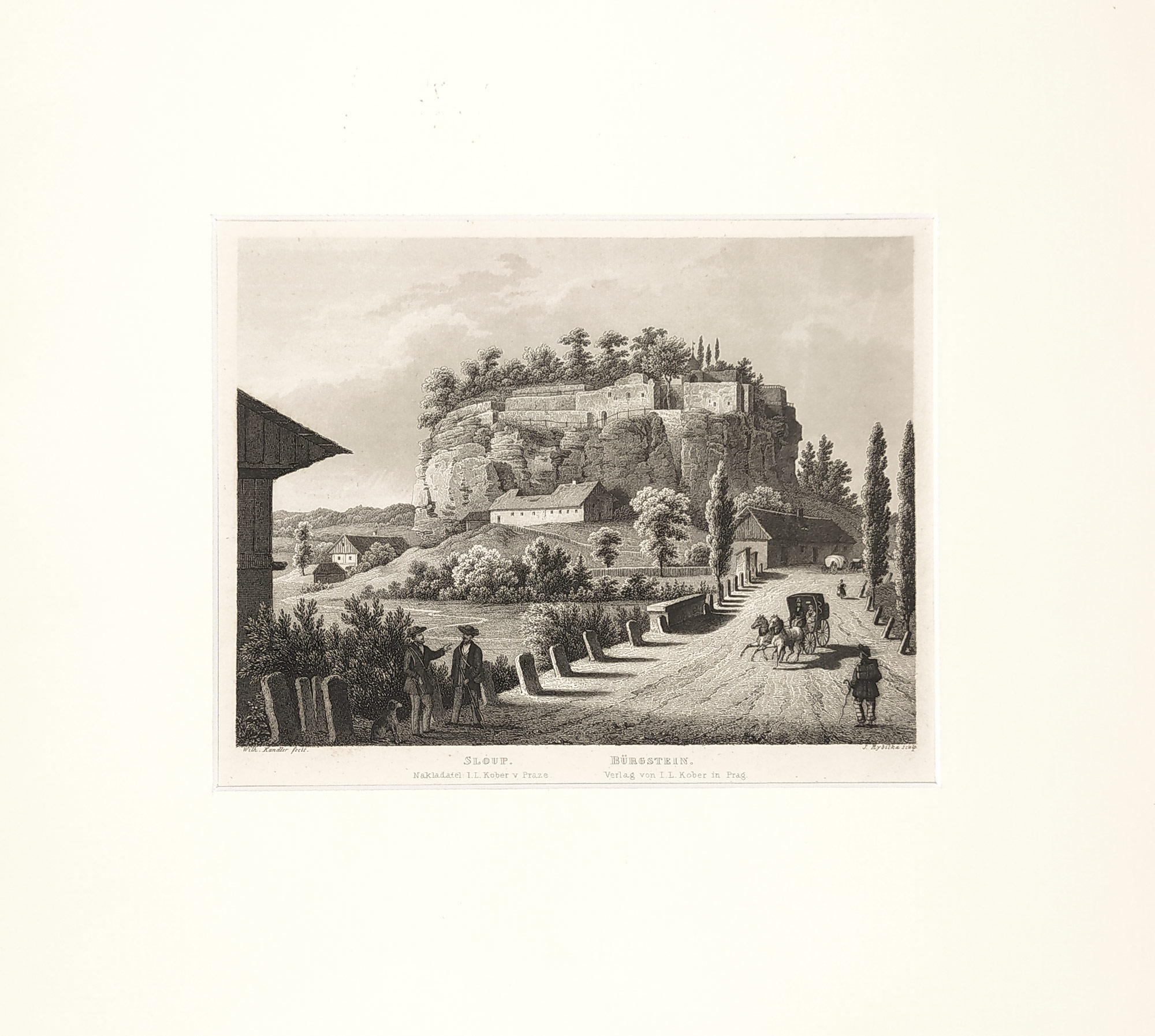 Sloup – pohled na hrad, Wilhelm Kandler, Josef Rybička, původní oceloryt, 1865