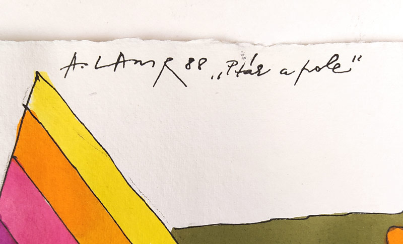 Lamr Aleš – Pták a pole, akvarelem kolorovaná kresba tuší, 1988
