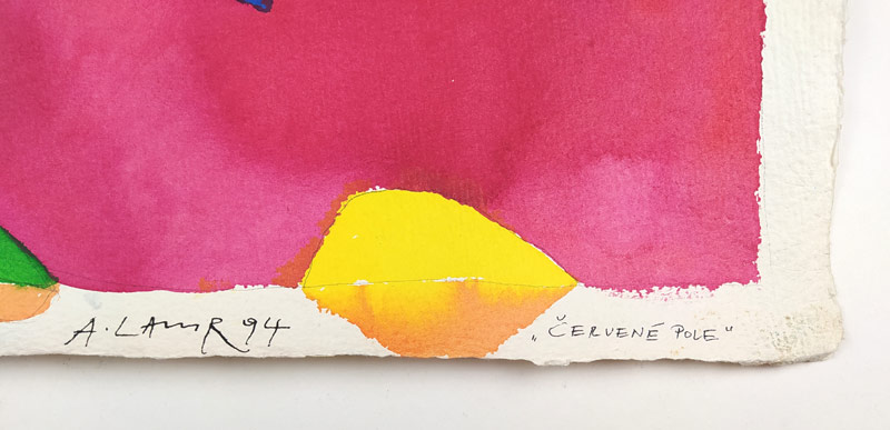 Lamr Aleš – Červené pole, akvarelem kolorovaná kresba tuší, 1994