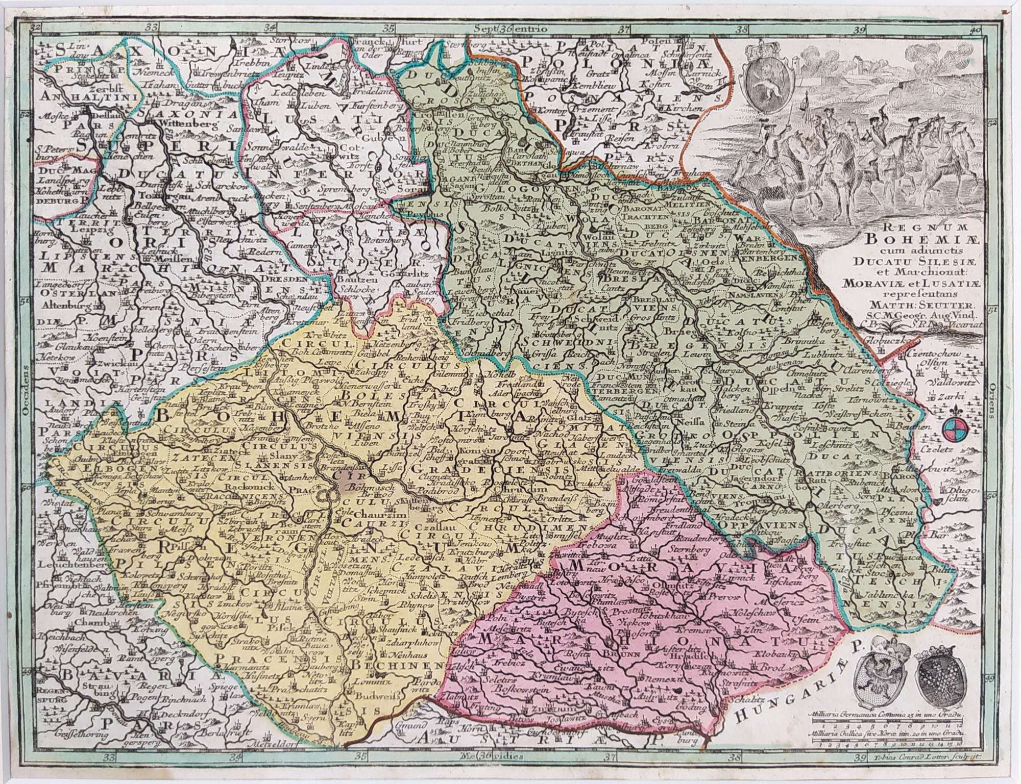 Čechy, Morava, Slezsko a Lužice – Matthäus Seutter, staře kolorovaný původní mědiryt, ca 1740