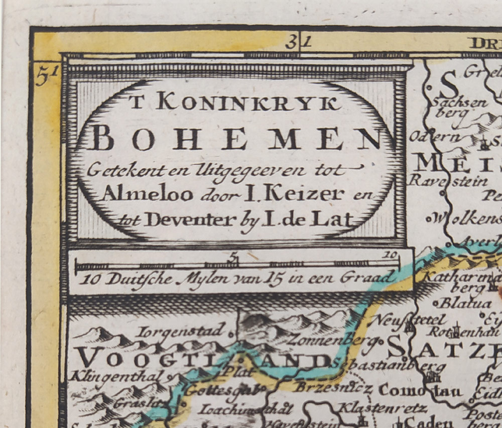 Čechy – J. Keizer, J. de Lat, staře kolorovaný původní mědiryt, 1747