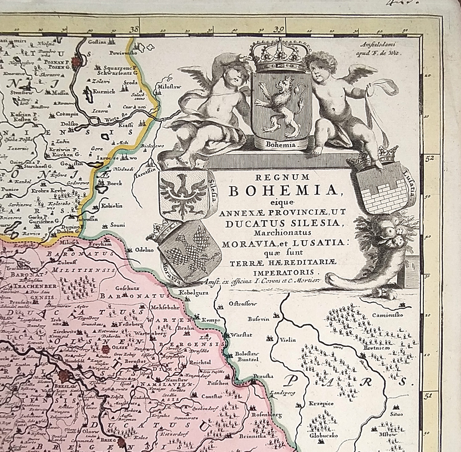 Čechy, Morava, Slezsko a Lužice – Frederick de Wit, J. Covens – C. Mortier, staře kolorovaný mědiryt, ca 1730