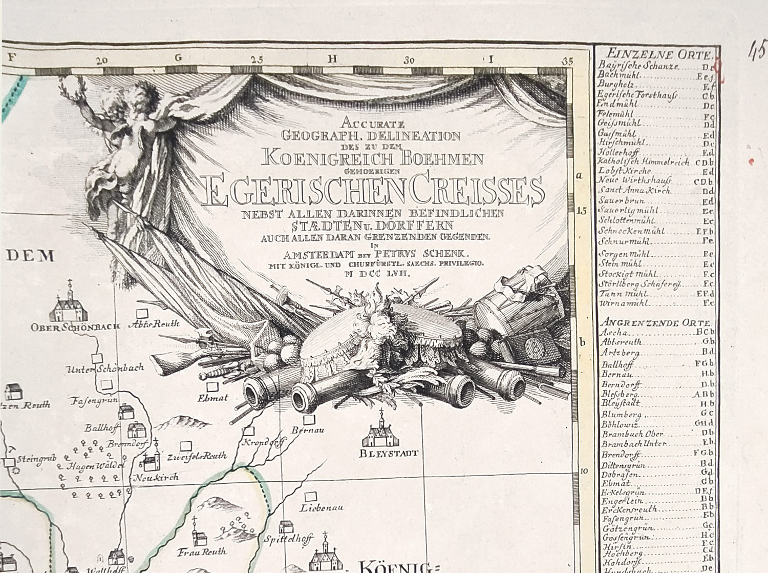 Chebský kraj – Peter Schenk, staře kolorovaný původní mědiryt, 1757