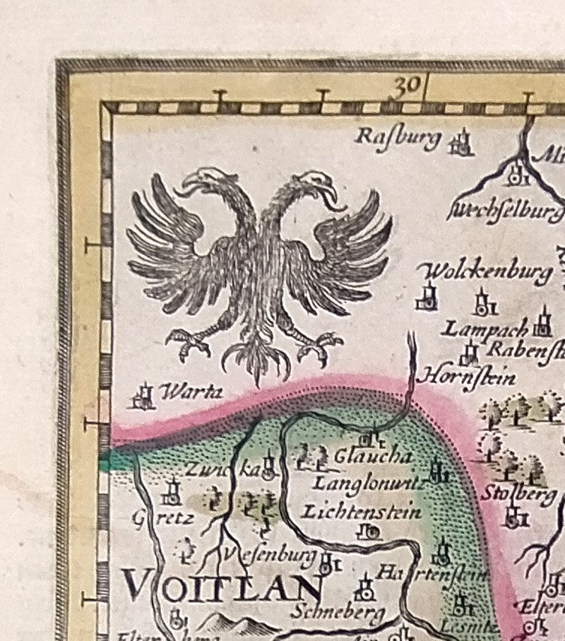 Čechy – Bohemia, P. Kaerius podle E. Sadelera, staře kolorovaný původní mědiryt, 1630