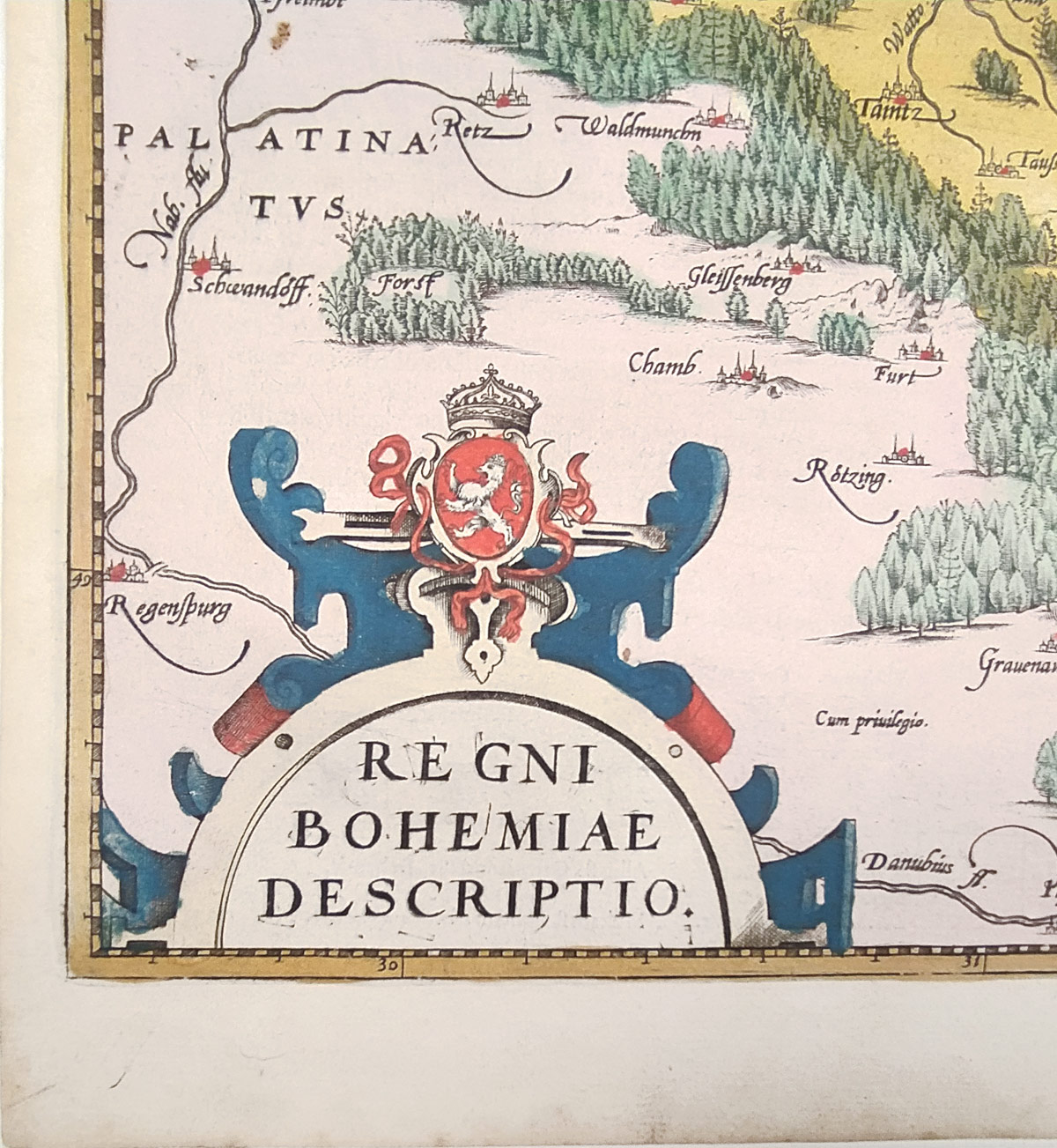 Čechy – Ortelius Abraham, staře kolorovaný původní mědiryt, 1584