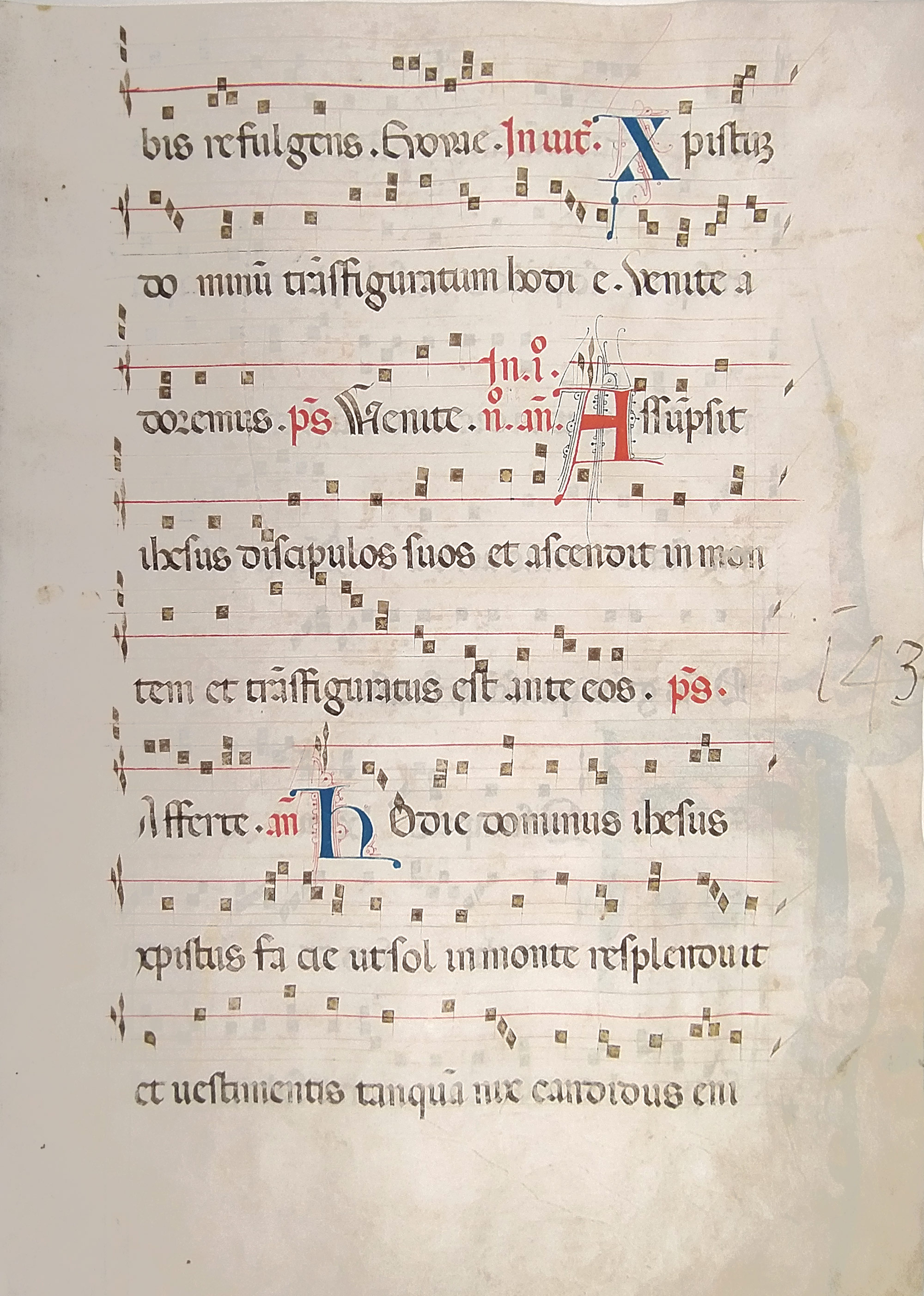 Antifonář – Notový záznam z liturgické knihy, oboustranná malba na pergamenu, po 1300