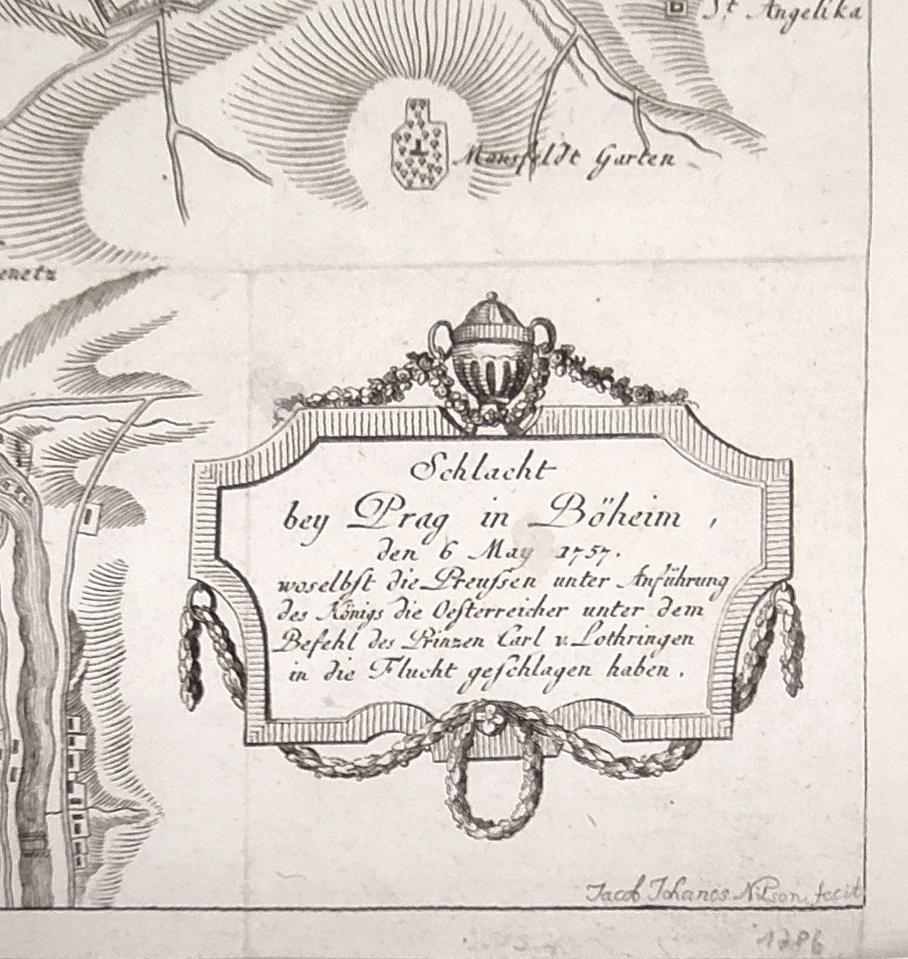 Čechy – Bitva u Prahy 6. května 1757, Jacob Johanes Nilson, původní mědiryt, 1786