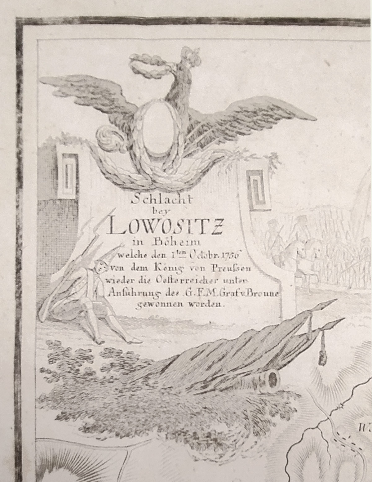 Lovosice – Plán bitvy 1756, C. L. Oesfeld, původní mědiryt, 1782