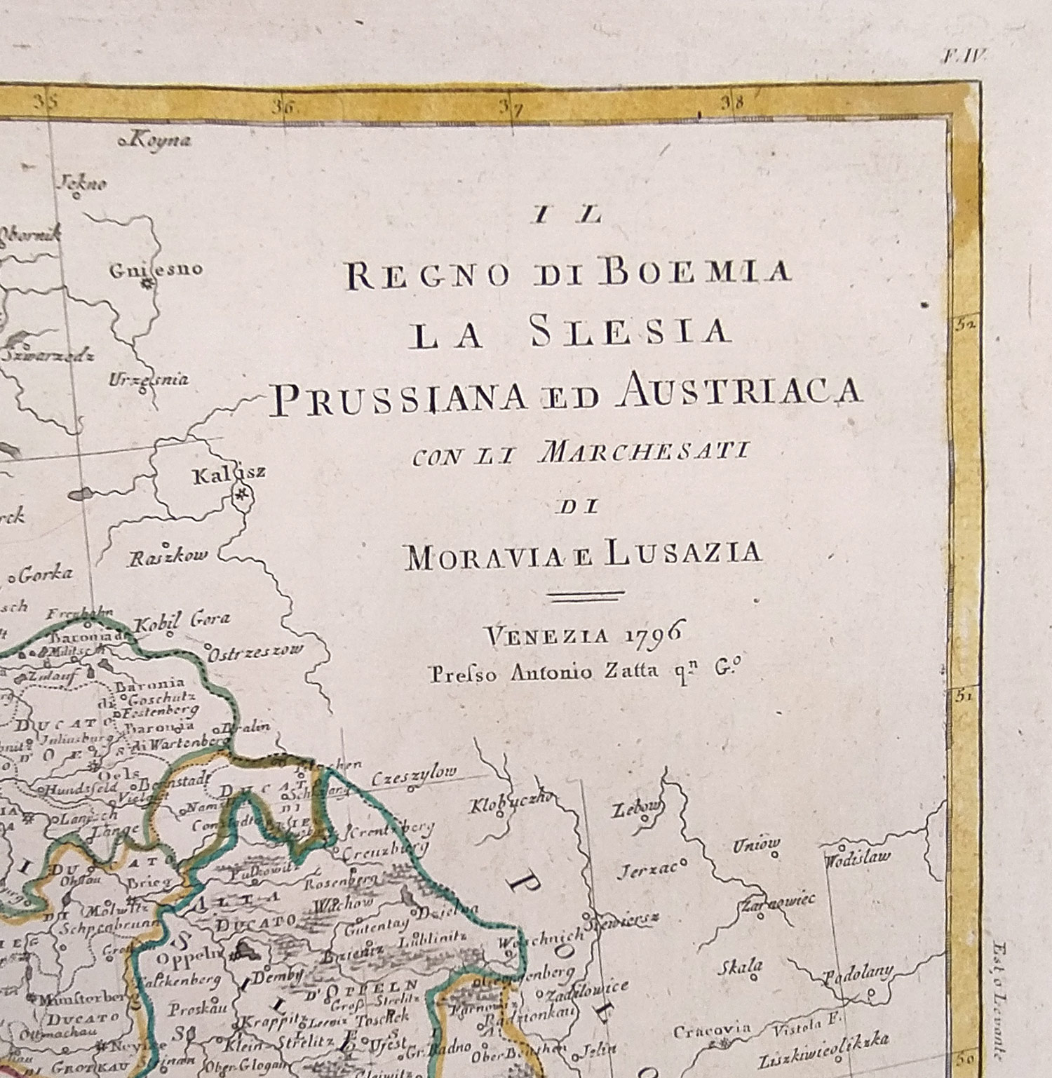 Čechy, Morava, Slezsko a Lužice – Antonio Zatta, staře kolorovaný původní mědiryt, 1796