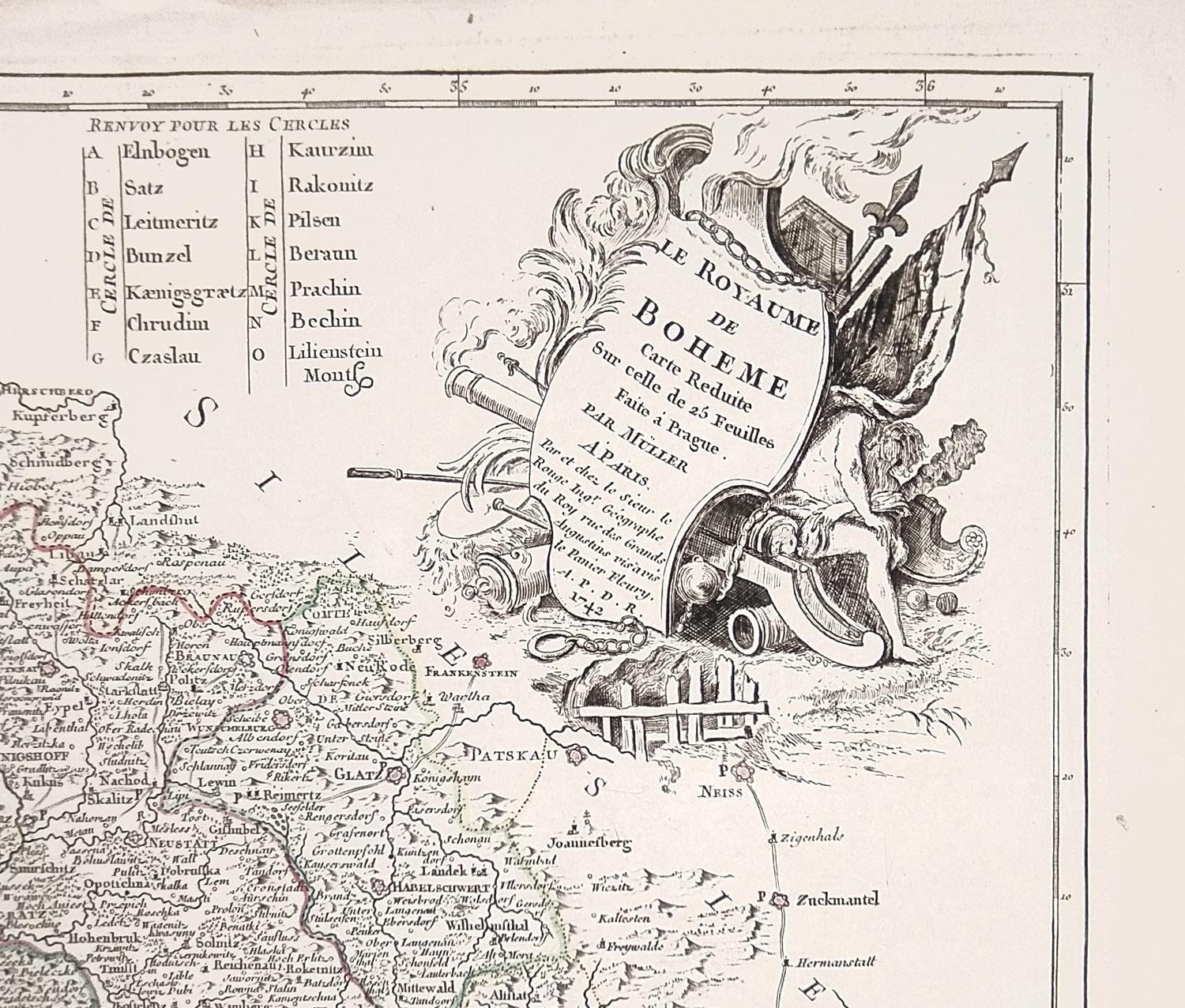Čechy – Mapa království Českého, Le Rouge, staře kolorovaný původní mědiryt, 1742